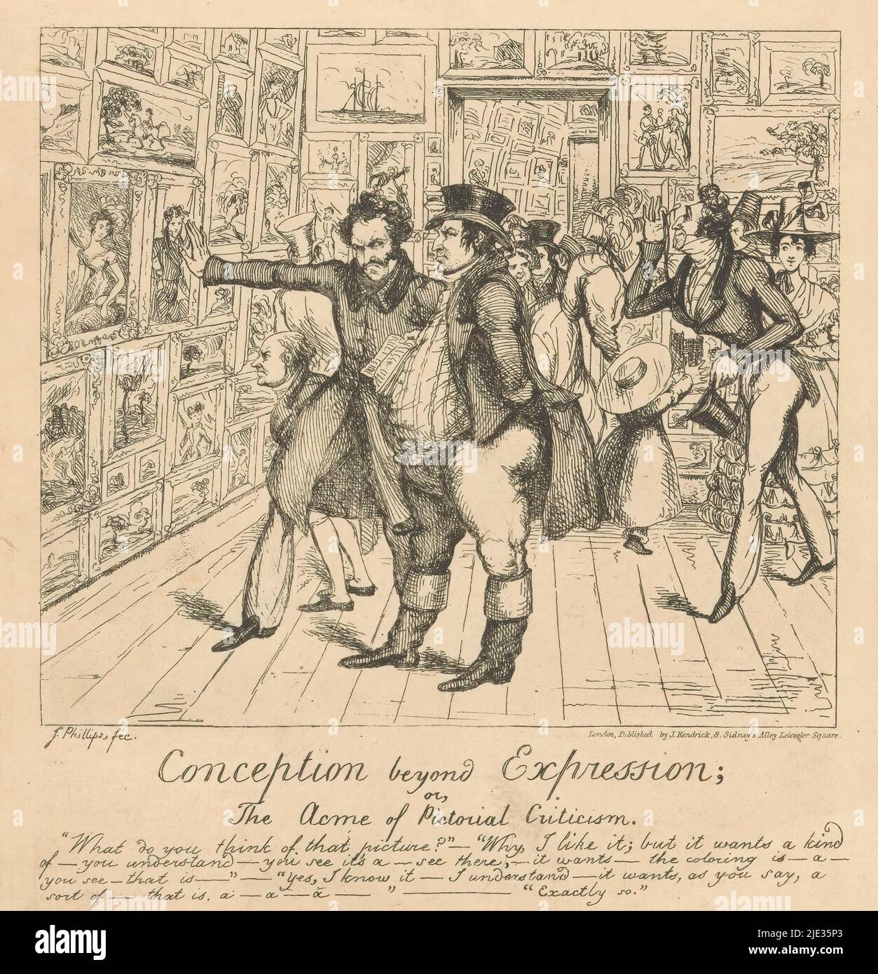 Critiques d'art dans une salle de peintures, conception au-delà de l'expression; ou, l'Acme de la critique d'art. (Titre sur l'objet), deux hommes sérieux regardent deux portraits dans une salle pleine de peintures, éventuellement une salle de l'Académie royale. Derrière eux d'autres visiteurs où parmi les femmes et les enfants., imprimeur: John Phillips, (mentionné sur l'objet), éditeur: John Kendrick, (mentionné sur l'objet), Londres, c. 1830, papier, gravure, hauteur 201 mm × largeur 191 mm Banque D'Images