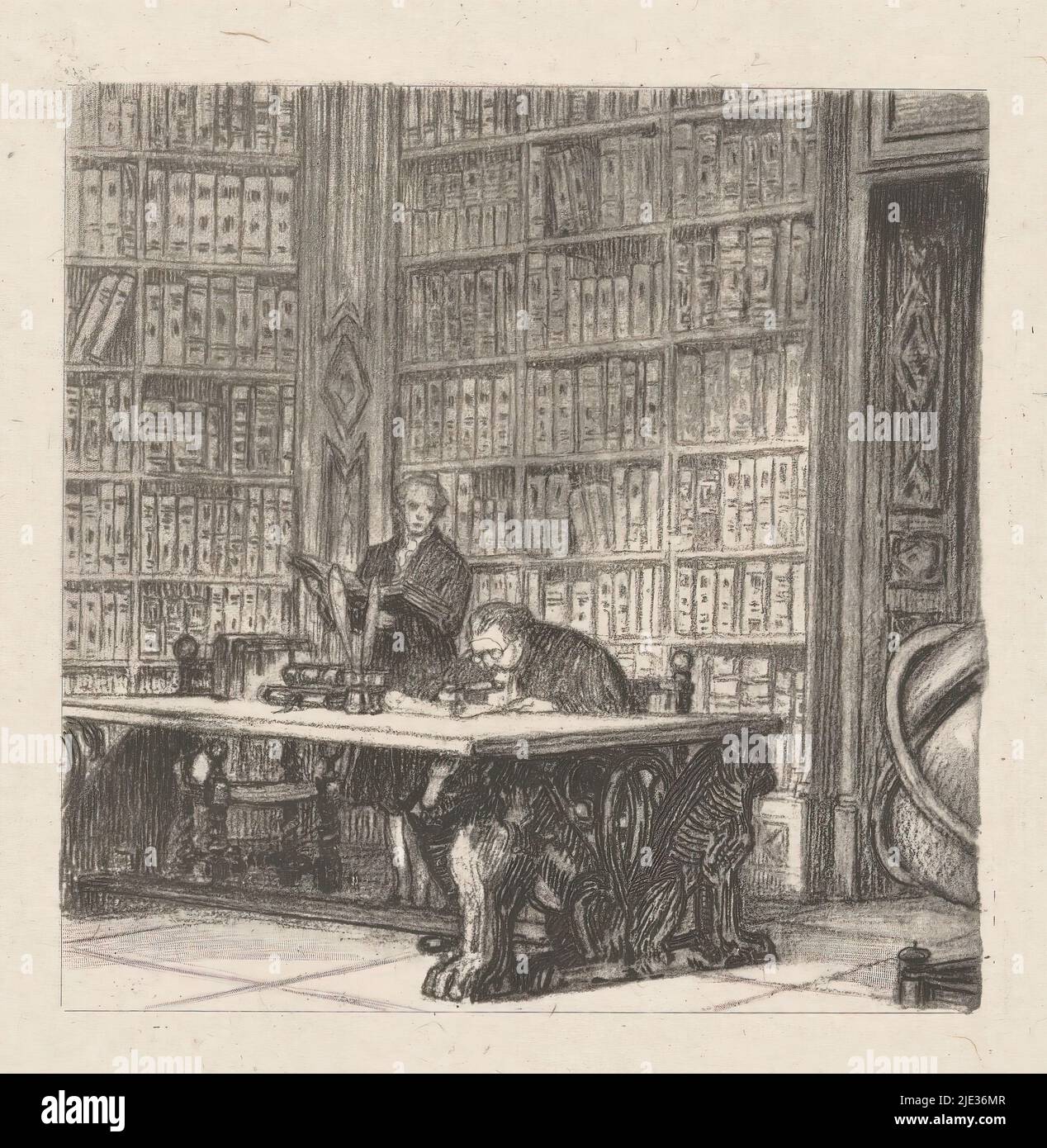 Deux hommes dans une bibliothèque, l'un des hommes est assis avec une loupe derrière une table d'écriture dont la base est composée de lions. Une partie d'un globe est visible au premier plan., Print Maker: Anonyme, c. 1850 - c. 1925, papier Chine, hauteur 224 mm × largeur 166 mm Banque D'Images