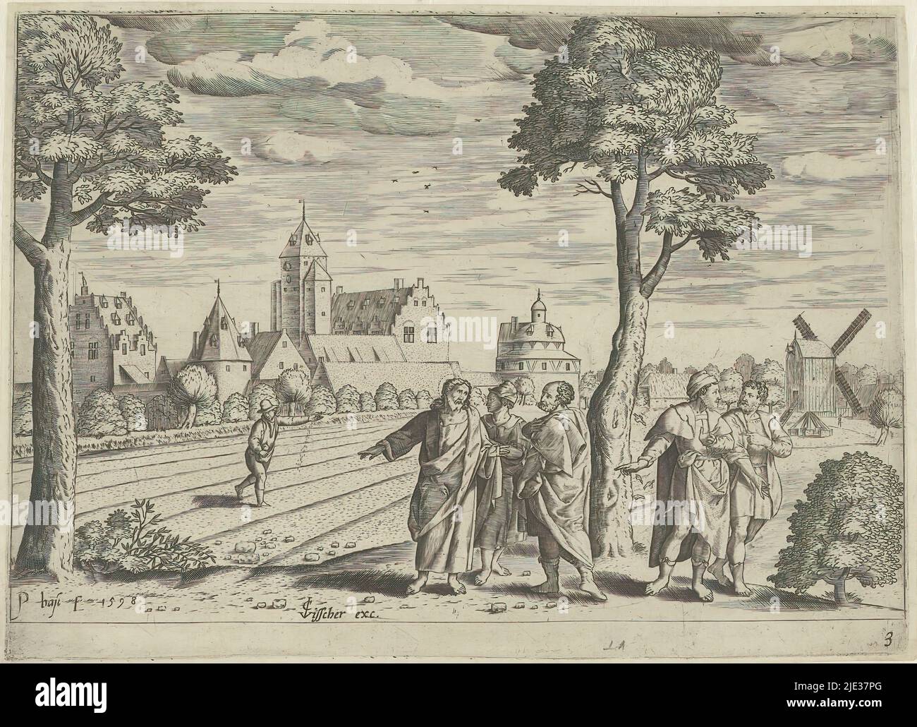 Paysage avec la parabole de la moins-forte et un château en arrière-plan, paysages avec scènes bibliques (titre de la série), Paysage avec le Christ et les apôtres en premier plan et la moins-forte devant un château en arrière-plan., Imprimeur: Pieter Bast, (mentionné sur l'objet), éditeur: Claes Jansz. Visscher (II), (mentionné sur l'objet), pays-Bas du Nord, 1598, papier, gravure, hauteur 128 mm × largeur 172 mm Banque D'Images