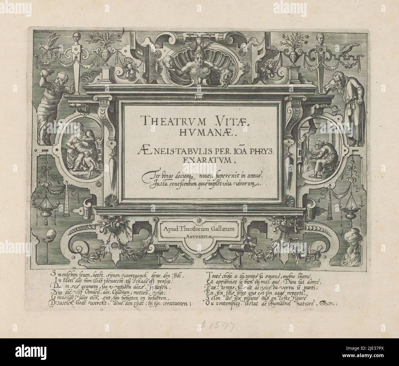 Titre en cadre ornemental avec des symboles se référant à la première et dernière étape de la vie humaine, six âges de l'homme / six ordres de construction (titre de la série), Theatrum Vitæ Humanæ (titre de la série sur l'objet), titre imprimé avec sur un épitaphe le titre de la série: Theatrum Vitae Humanae. Le cadre ornemental est décoré de symboles qui font référence aux premières et dernières étapes de la vie humaine. À gauche, un bébé et à côté d'elle une cartouche avec une mère qui suce son enfant. Devant elle, un enfant joue sur un cheval de bâton. À droite, un homme avec des lunettes et une canne. Dans la cartouche sur la droite, un vieux Banque D'Images