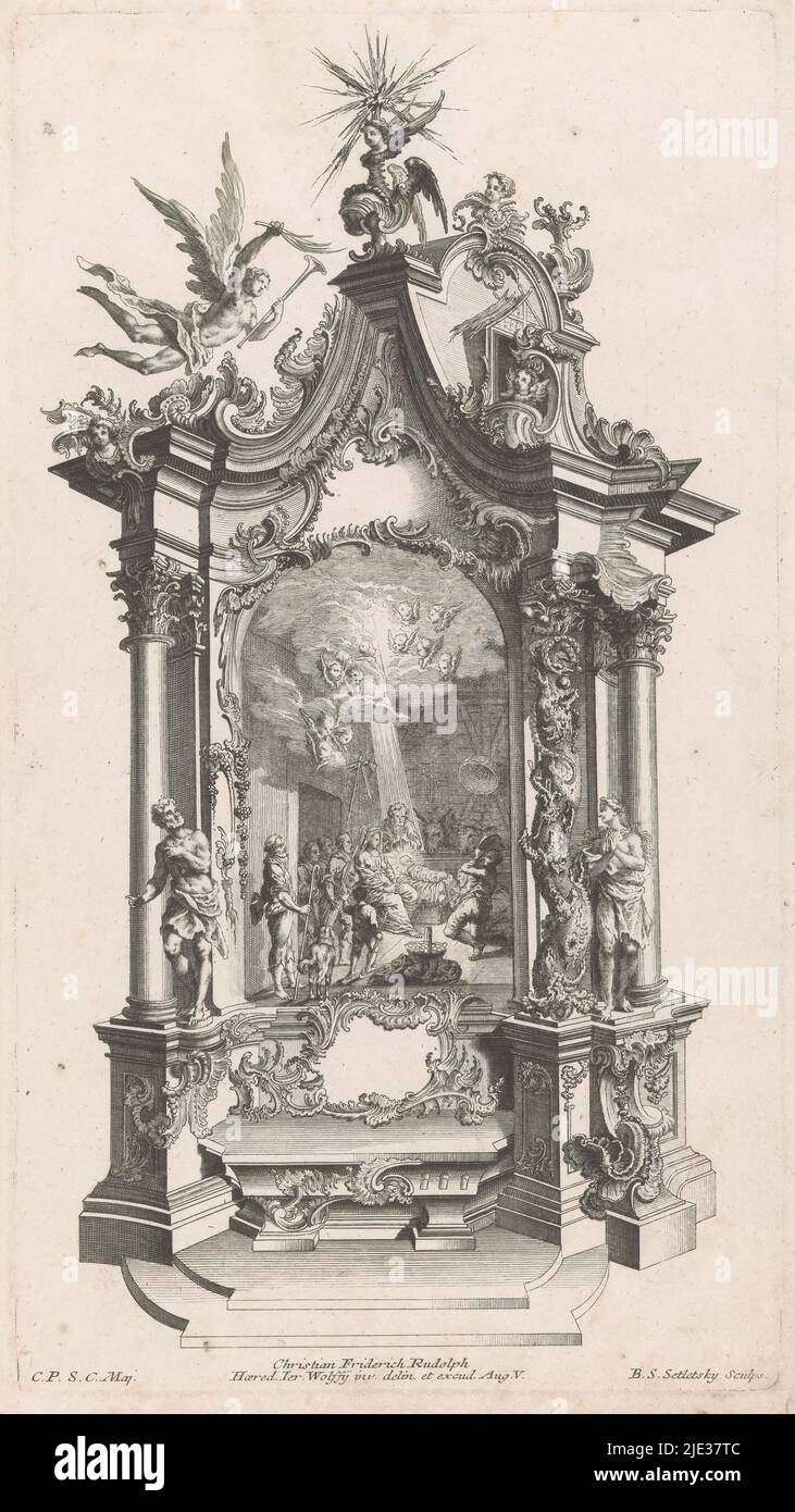 Autel avec adoration par les bergers, dessins pour les autels (titre de série), Design pour un autel avec ornementation de rocaille et au centre une image d'adoration par les bergers. De chaque côté sont Adam et Eve, Eve est debout à côté de l'arbre de la connaissance du bien et du mal avec un serpent. Au sommet des têtes de putti et un ange volant avec la trompette et la branche de palmier., imprimerie: Balthasar Sigmund Setletzky, (mentionné sur l'objet), après conception par: Christian Friedrich Rudolph, (mentionné sur l'objet), éditeur: Christian Friedrich Rudolph, (mentionné sur l'objet), Augsbourg, 1705 - 1754, papier, etch Banque D'Images