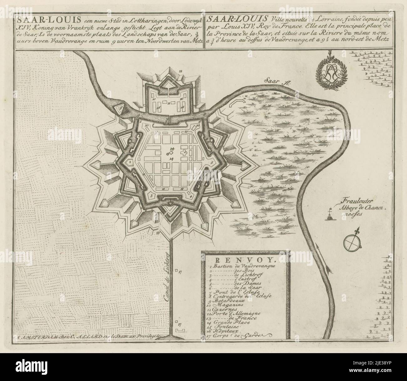 Plan de Saarlouis, Saar-Louis une nouvelle ville en Lorraine, récemment fondée par Louis XIV, roi de France (...) (Titre sur objet), les Principales Forteresses et les celles Fortes, d'Espagne, de France, d'Italie, de Savoië, d'Allemagne et des Païs-Bas (. ..) / Naaukeurige afbeeldingen der Voornaam Sterke Steden en Vestingen in Spanjen, Vrankryk, Italien, Savoyen, Duytsland en Nederlanden (...) (Titre de la série), carte de la ville Saarlouis en Sarre fondée par Louis XIV Avec textes en néerlandais et français. L'imprimé fait partie d'un album., imprimeur: Abraham Allard, imprimeur: Carel Allard, éditeur: Carel All Banque D'Images