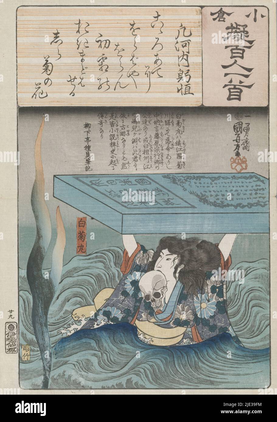 Ogura l'imitation des cent Poèmes (titre de la série), Shiragikumaru avec crâne dans sa bouche, soulève un monument en pierre. Scène d'une pièce de kabuki. Poème de Ôshikôchi no Mitsune., imprimeur: Utagawa Kuniyoshi, (mentionné sur l'objet), Yokogawa Takejiro, (mentionné sur l'objet), éditeur: Ibaya Senzaburô, (Mentionné sur l'objet), Japon, 1845 - 1846, papier, coupe de bois de couleur Banque D'Images