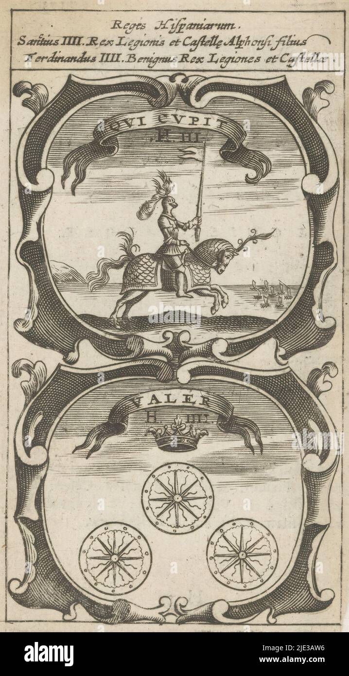 Chevalier maîtrisée à cheval / trois roues avec couronne, qui Cupi / Valer (titre sur objet), Symbola Divina et Humana Pontificum Imperatorum Regum (titre de série), emblème avec deux représentations. Au-dessus d'un paysage avec un chevalier harnais à cheval. En dessous de trois roues ou rameaux avec une couronne au-dessus. Ce sont des mottos du roi Sancho IV et Ferdinand IV de Castille., imprimerie: Anonyme, après impression par: Aegidius Sadeler (II), 1666, papier, gravure, impression typographique, hauteur 122 mm × largeur 68 mm Banque D'Images