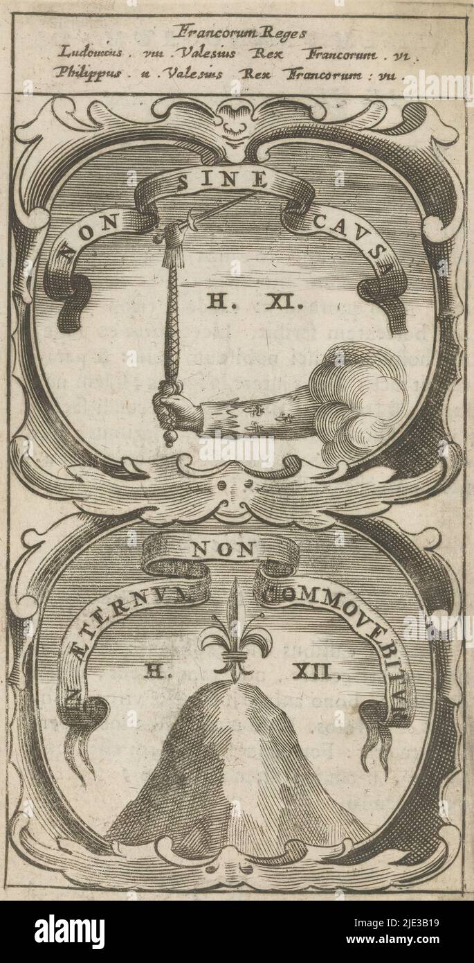 Bras royal avec épée / Lily française sur une montagne, non sine Causa / dans Aeternum non Commovebitur (titre sur objet), Symbola Divina et Humana Pontificum Imperatorum Regum (titre de la série), un emblème avec deux représentations. Au-dessus d'un bras vêtu de manches avec un lys français. Le bras royal tient un sceptre. Le sceptre tient une épée. En dessous d'un support sur lequel se trouve un nénuphar français. Il s'agit de la monnaie du roi Louis II et de Philippe II de France., imprimerie: Anonyme, après impression par: Aegidius Sadeler (II), 1666, papier, gravure, impression typographique, hauteur 123 mm × largeur 67 mm Banque D'Images