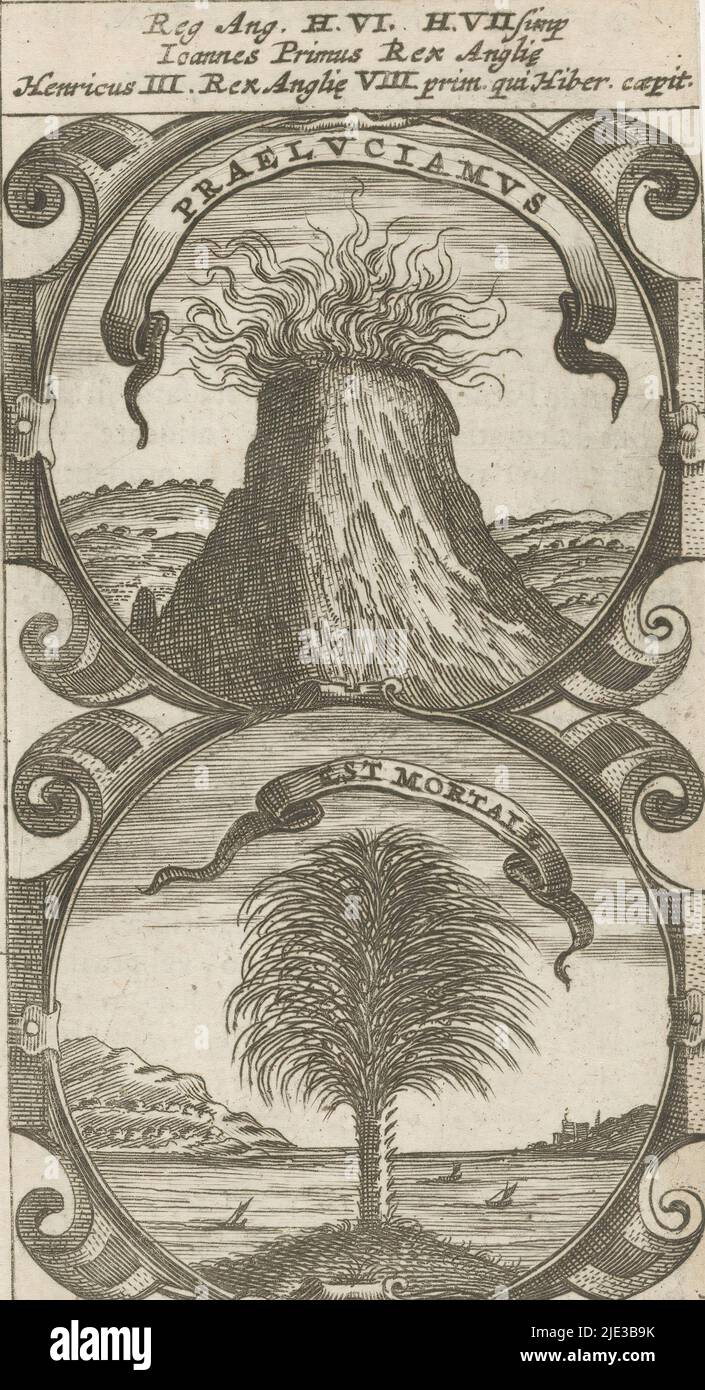 Paysage avec volcan / palmiers au bord de l'eau, Praeluciamus / est Mortale (titre sur objet), Symbola Divina et Humana Pontificum Imperatorum Regum (titre de série), un emblème avec deux représentations. Au-dessus d'un volcan à bec de lave. Au-dessous d'un paysage de rivière avec un palmier. Ce sont des mottos de John sans pays et Henry III d'Angleterre., imprimeur: Anonyme, après impression par: Aegidius Sadeler (II), 1666, papier, gravure, impression typographique, hauteur 117 mm × largeur 64 mm Banque D'Images