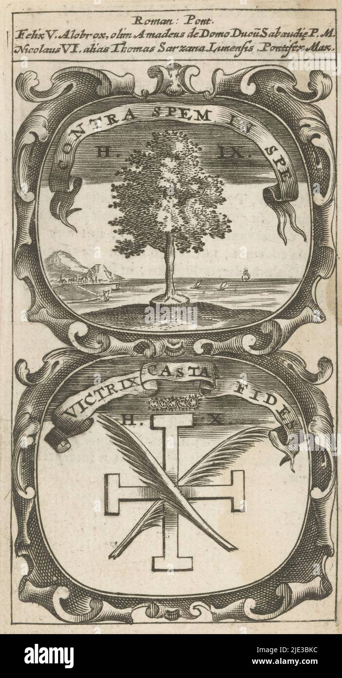 Arbre au bord de l'eau / Croix de la béquille avec branches de palmier croisées, Contra Spem en SPE / Vctrix Casta Fides (titre sur objet), Symbola Divina et Humana Pontificum Imperatorum Regum (titre de série), un emblème avec deux représentations. Au-dessus d'un paysage marin avec un arbre au premier plan. Au-dessous d'une croix avec des branches de palmier croisées et une couronne d'épines. Ce sont des mottos de Pope Felix V et Nicholas V (ici Nicholas VI)., imprimeur: Anonyme, après impression par: Aegidius Sadeler (II), 1666, papier, gravure, impression typographique, hauteur 120 mm × largeur 65 mm Banque D'Images