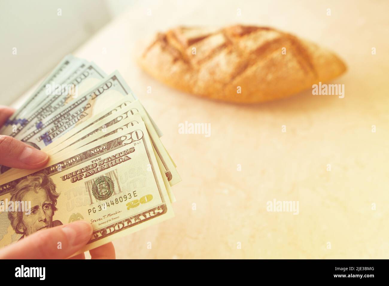 Une femme compte de l'argent sur le fond d'un pain. Finance, budget familial, revenu, pauvreté, concept de bien-être. Banque D'Images