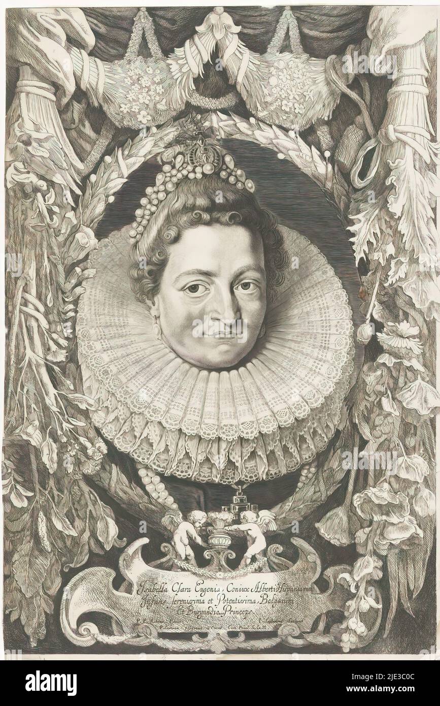 Portrait d'Isabella Clara Eugenia, infante d'Espagne, Ferdinandus IIus et IIIus Imperatorum Domus Austriacae (titre de la série), Portrait d'Isabella Clara Eugenia, infante d'Espagne. Le portrait est encadré dans un cadre ornemental avec des guirlandes de feuilles et de fleurs. Bas centre cartouche avec son nom et son titre en latin., imprimerie: Jonas Suyderhoef, (mentionné sur l'objet), imprimerie: Pieter Claesz. Soutman, (attribué à), après avoir dessiné par: Pieter Claesz. Soutman, (mentionné sur l'objet), Haarlem, 1644 - 1650, papier, gravure, gravure, hauteur 408 mm × largeur 273 mm Banque D'Images