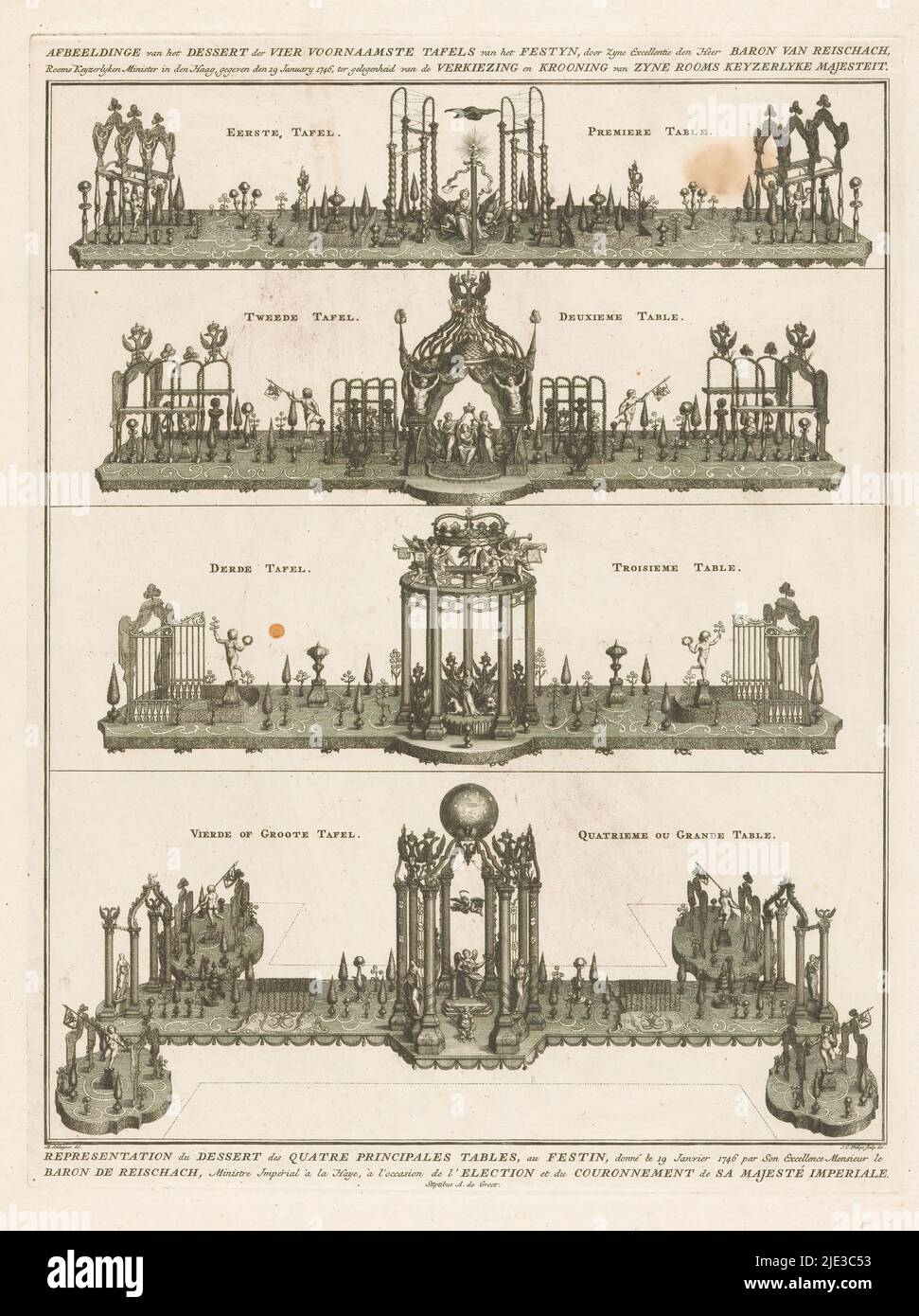 Dessert sur quatre tables au banquet en l'honneur du couronnement de l'empereur François I Stefan, 1746, illustration du dessert des quatre tables principales de la Festyn, par zyne excellentie den heer baron van Reischach (... ) Donné le 19 janvier 1746, à l'occasion de l'élection et du couronnement de sa Majesté romaine Keyzerly / représentation du dessert des quatre principaux tables, au feston, donné le 19 janvier 1746 par son excellence monsieur le baron de Reischach (... ) À l'occasion de l'élection et du cours de sa majesté Impériale (titre sur objet), Description des principes Banque D'Images