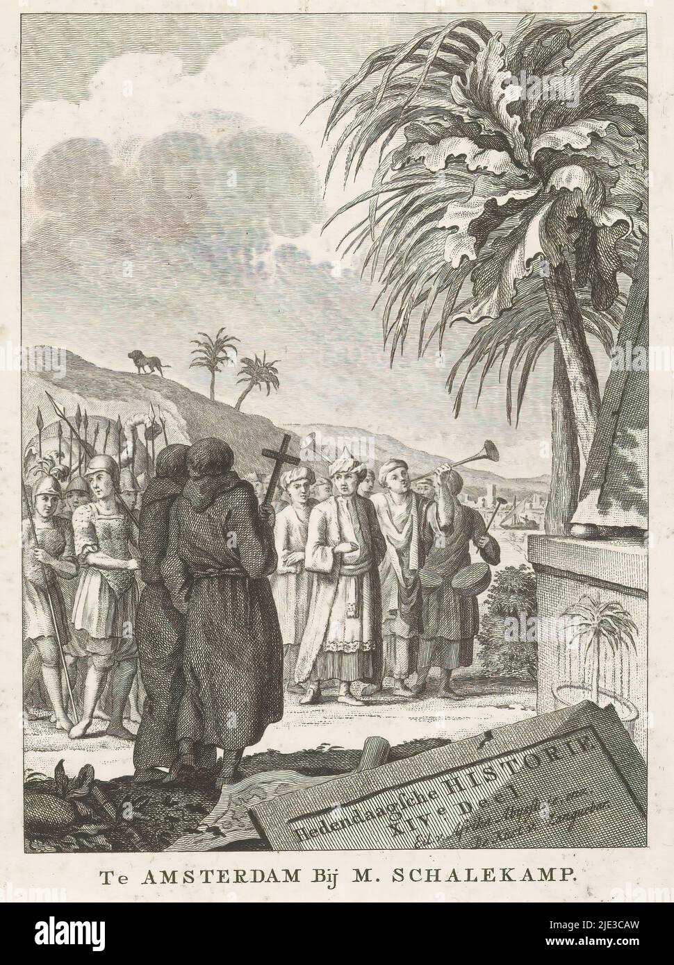 Allégorie de l'Afrique, Histoire contemporaine XIVTH part Islands c. Afrique, Abyssinie, etc. La côte c. Zanguebar (titre sur objet), page de titre pour : S.N., Hedendaagsche historie de Het vervolg van de Algemeene historie, 1784, le roi d'Abyssinia (Empire d'Ethiopie) se dresse au milieu d'un groupe d'hommes jouant de la musique et de soldats à gauche. En face du groupe se trouvent deux chrétiens tenant une croix, vue de derrière. À droite, la base d'un obélisque sur un piédestal sur lequel un palmier est arrosoir., imprimeur: Simon Fokke, (peut-être), après son propre dessin par: Simon Fokke, (peut-être), éditeur: Matthijs Banque D'Images