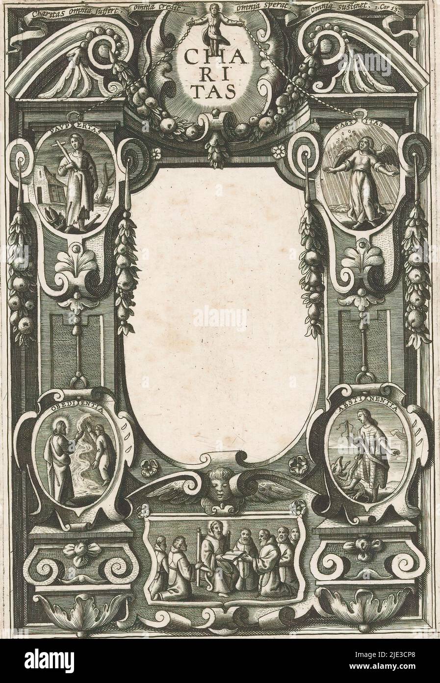 Encadrement avec pauvreté, chasteté, obéissance et abstinence, Charitas (titre sur l'objet), un encadrement ornemental avec quatre cartouts avec les personnifications pauvreté (Paupertas), chasteté (Castitas), obéissance (Obedientia) et abstinence (Abstinentia). Au fond une cartouche avec six hommes agenouillé autour d'un homme avec livre et halo. En haut une cartouche avec le titre Caritas (Love) et un bandérole avec devise., imprimeur: Anonyme, 1550 - 1650, papier, gravure, hauteur 154 mm × largeur 105 mm Banque D'Images