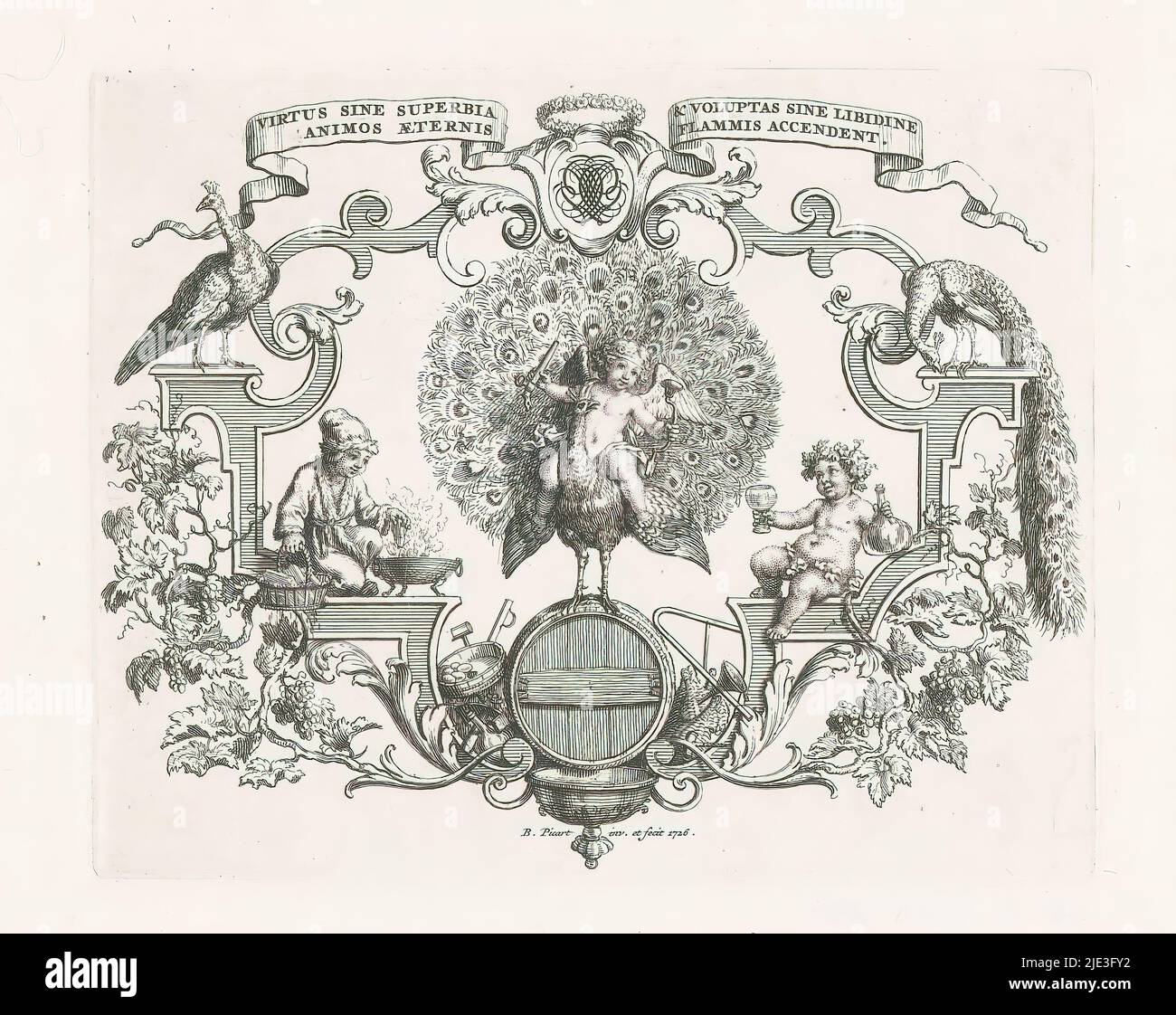 Représentation allégorique à l'occasion du mariage de Johanna Pauw et Ysbrand Vincent à Amsterdam en 1726, représentation allégorique à l'occasion du mariage de Johanna Pauw et Ysbrand Vincent. Sur le dessus d'un baril de vin se trouve un paon, avec Amor sur son dos. Le paon fait référence au nom de la femme. La figure revêtue d'hiver, essayant de mettre des blocs de glace sur le feu, se réfère au prénom du mari Ysbrand et au nom de sa mère Yver (du mot français pour l'hiver: hiver). La scène centrale est entourée d'ornements et de vignes. En haut, les initiales du couple et un bandérole Banque D'Images