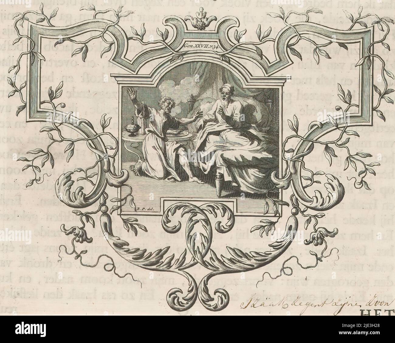 Ésaü avec son père Isaac, Ésaü dans le désespoir jette ses mains dans l'air quand il vient à son père Isaac et entend de lui que la bénédiction a déjà été donnée à son frère Jacob. Dans le centre supérieur une référence au texte de la Bible dans Genèse 27:34. La scène est encadrée dans un cadre ornemental., imprimeur: Anonyme, après dessin par: Bernard Picart, (mentionné sur l'objet), Amsterdam, 1683 - 1733, papier, gravure, gravure, impression typographique, hauteur 142 mm × largeur 179 mm Banque D'Images