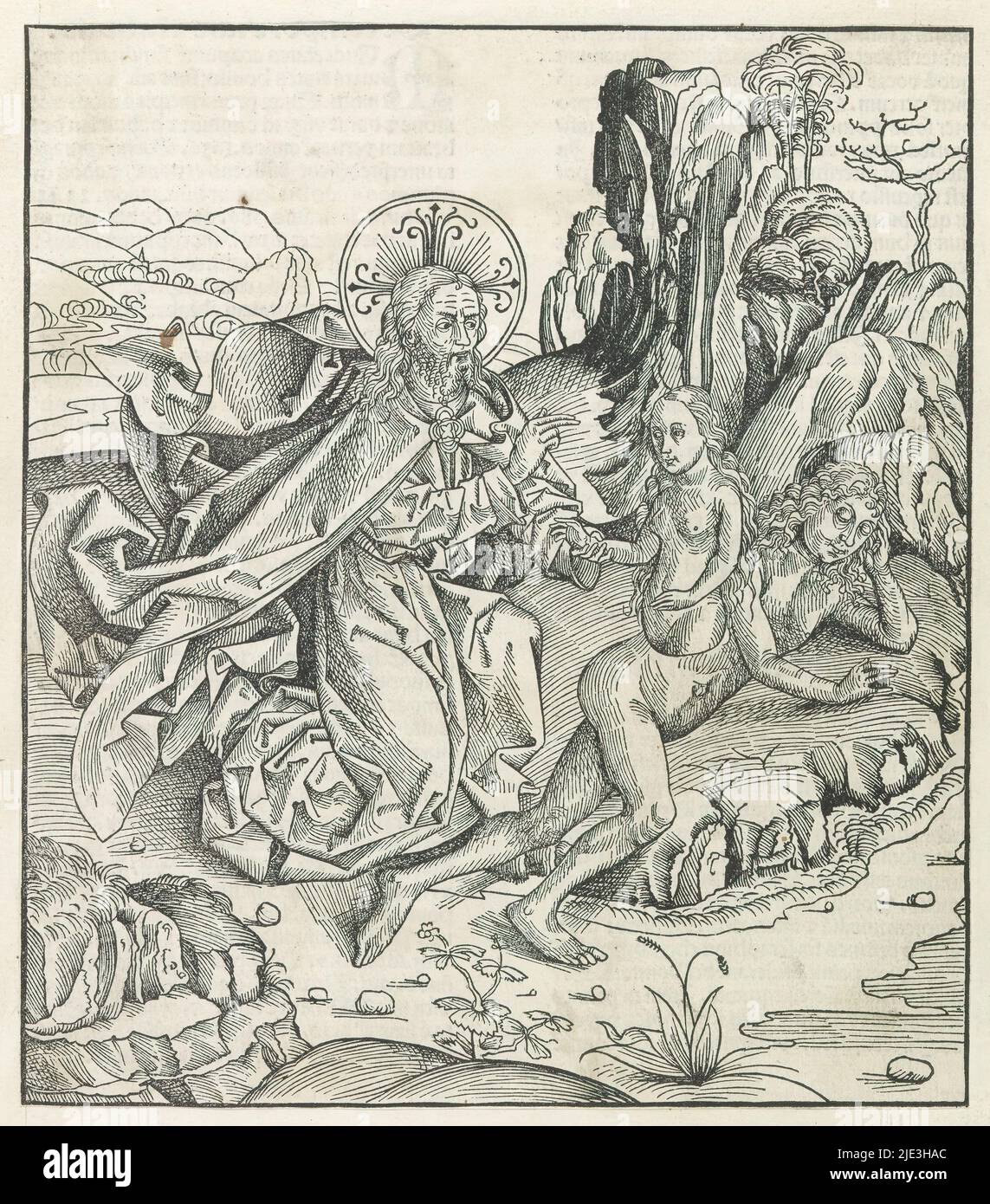 Création d'Eve, Liber Chronicarum (titre de la série), Dieu le Père crée Eve. Eve s'élève du corps d'un Adam endormi. L'imprimé fait partie d'un album., imprimerie: Michel Wolgemut, (atelier de), imprimerie: Wilhelm Pleydenwurff, (atelier de), Neurenberg, 1493, papier, impression typographique, hauteur 255 mm × largeur 225 mm Banque D'Images