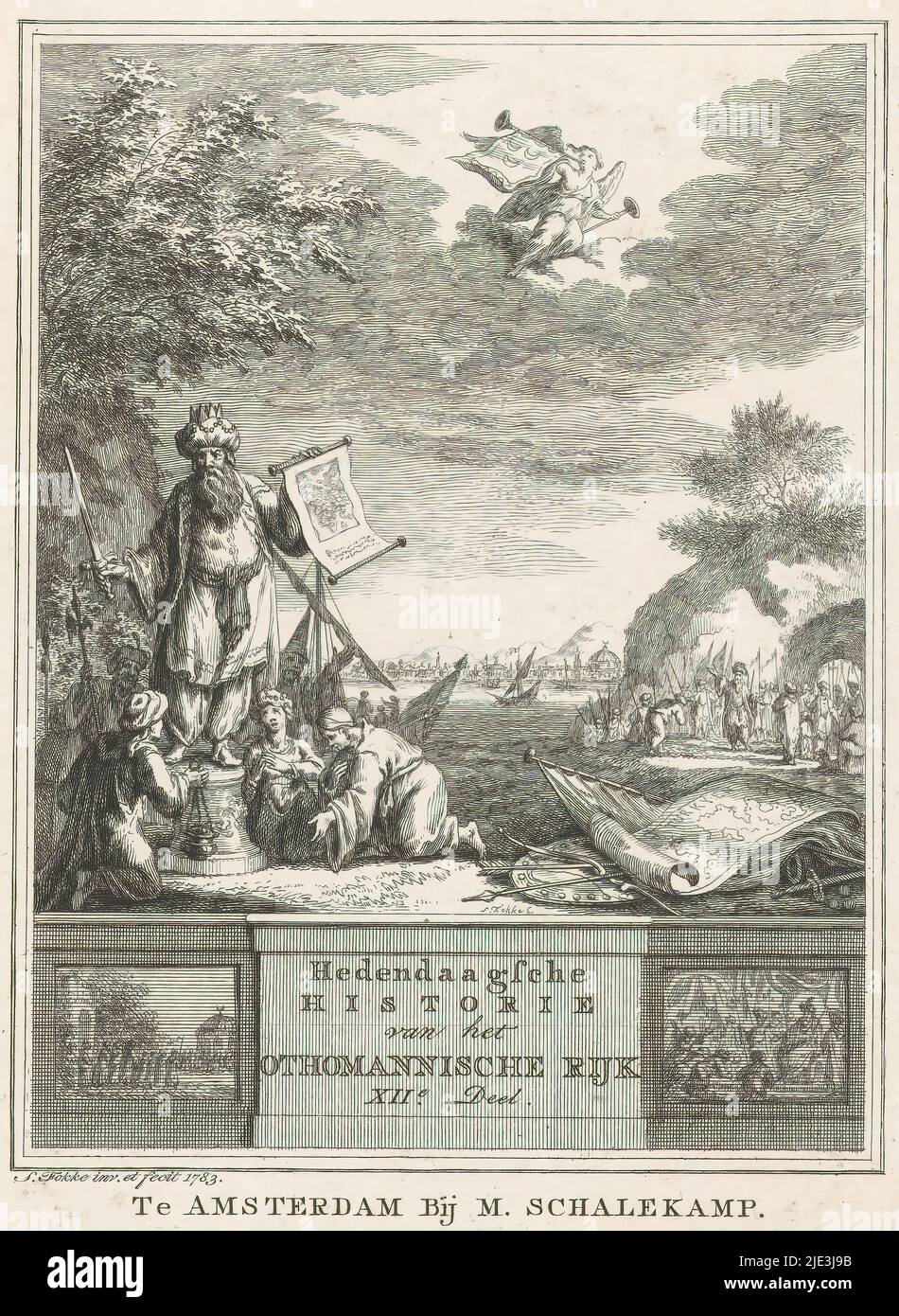 Allégorie de l'Empire ottoman, Hedendaagsche Historie van het Othomannische Rijk XII e Deel (titre sur objet), page de titre pour : s.N., Hedendaagsche historie de Het vervolg van de Algemeene historie, 1783, Un sultan se trouve sur un piédestal avec une épée et une carte dans sa main. Les personnages qui l'entourent s'agenouillent. À droite, les armes et une carte de la Turquie. Au-dessus dans les nuages, Fama souffle deux trompettes. En arrière-plan la ville de Constantinople., imprimeur: Simon Fokke, (mentionné sur l'objet), après conception propre par: Simon Fokke, (mentionné sur l'objet), éditeur: Matthijs Schalekamp, (mentionné sur l'objet), Banque D'Images