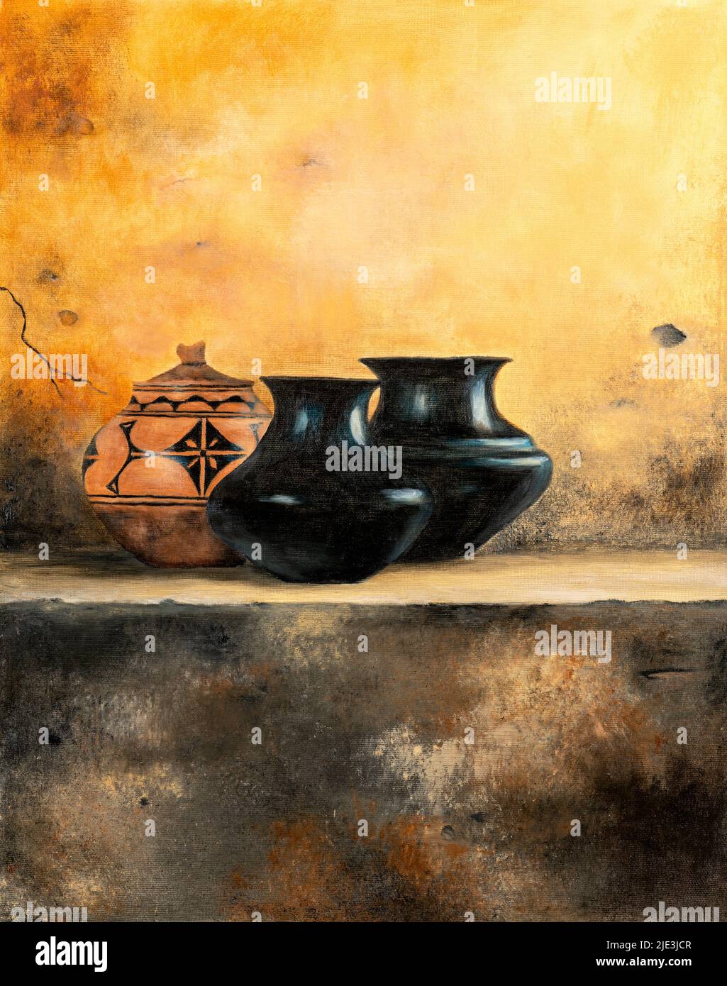 Peinture à l'huile de la vie encore avec des pots d'argile de style indien américain. Banque D'Images
