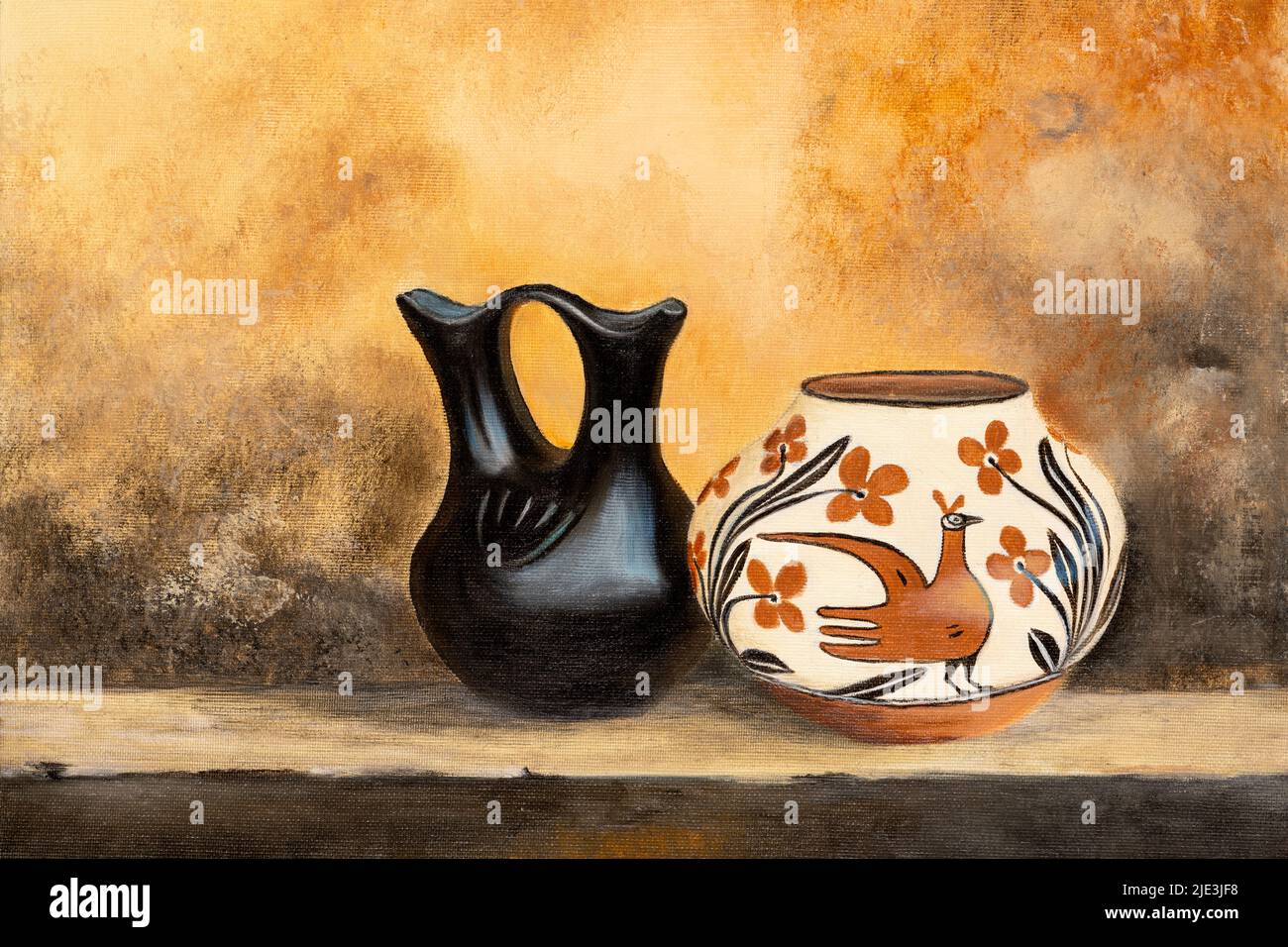 Gros plan de peinture à l'huile de la vie encore avec des pots d'argile de style indien américain. Banque D'Images