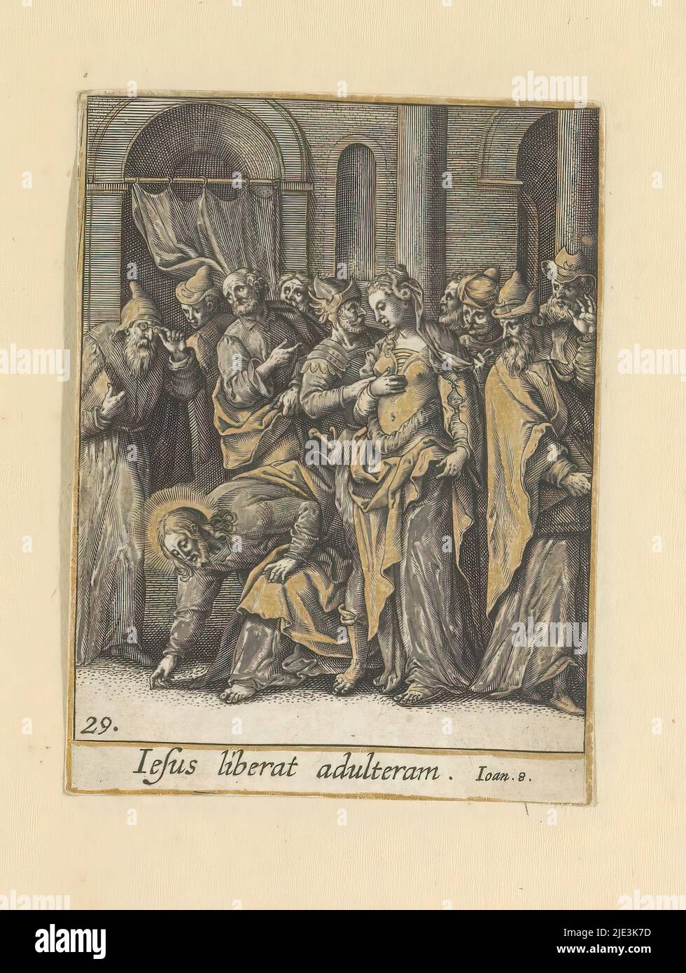 Christ et l'Adultére, Vita Iesu Salvatoris varijs iconbus ab Adriano Collaert expressa (titre de la série sur l'objet), Christ et l'Adultére. Partie de la série imprimée sur la vie du Christ: Vita Iesu Salvatoris varijs ibus ab Adriano Collaert expressa. Dans un album imprimé avec deux séries de 34 et 25 gravures, respectivement, représentant des scènes de la vie et de la passion du Christ., imprimerie: Adriaen Collaert, après impression par: Jan-Baptist Barbé, après dessin par: Maerten de Vos, Anvers, c. 1580 - c. 1590, papier, gravure, hauteur 85 mm × largeur 66 mm Banque D'Images