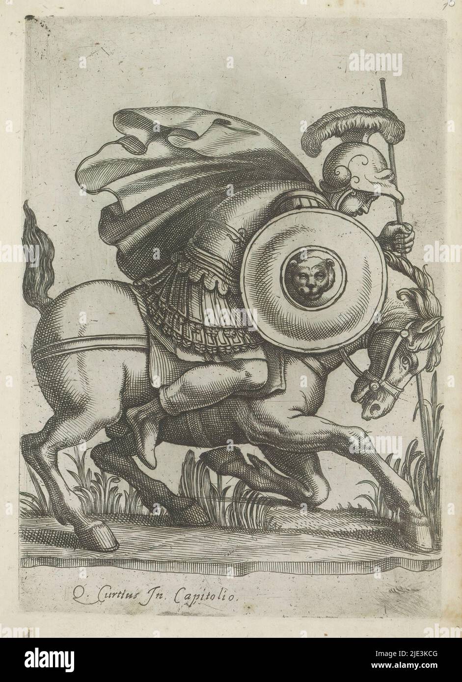 Relief montrant l'acte de Marcus Curtius, sculptures anciennes à Rome (titre de série), Antiquarum statuarum urbis Romae quae dans publicis localis visuntur icones (titre de série), relief sur le Lacus Curtius, un monument sur le Forum Romanum à Rome.Marcus Curtius, à cheval et en armure complète, plonge dans la fente du Forum romain.L'imprimé fait partie d'un album., imprimeur: Anonyme, éditeur: Andrea Vaccari, imprimeur: Italie, éditeur: Rome,1579 et/ou 1584, papier, gravure, hauteur 222 mm × largeur 156 mm Banque D'Images