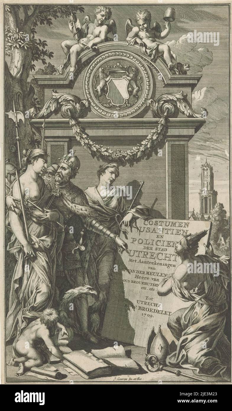 La justice enseigne les lois d'Utrecht, Costumen Usantien en Policien der stad Utrecht (titre sur objet), page de titre pour Willem Van der Meulen, Costumen, usantien, policien ende styl van proconderen, der stadt Utrecht, 1709, l'empereur allemand montre la personnification Justice une plaque avec le titre du livre. À côté de l'assiette la ville vierge d'Utrecht et la prudence de personnification. En arrière-plan le Dom d'Utrecht., imprimeur: Jan Goeree, (mentionné sur l'objet), après conception propre par: Jan Goeree, (mentionné sur l'objet), éditeur: Willem Broedelet, (mentionné sur l'objet), Utrecht, 1709 Banque D'Images La justice enseigne les lois d'Utrecht, Costumen Usantien en Policien der stad Utrecht (titre sur objet), page de titre pour Willem Van der Meulen, Costumen, usantien, policien ende styl van proconderen, der stadt Utrecht, 1709, l'empereur allemand montre la personnification Justice une plaque avec le titre du livre. À côté de l'assiette la ville vierge d'Utrecht et la prudence de personnification. En arrière-plan le Dom d'Utrecht., imprimeur: Jan Goeree, (mentionné sur l'objet), après conception propre par: Jan Goeree, (mentionné sur l'objet), éditeur: Willem Broedelet, (mentionné sur l'objet), Utrecht, 1709 Banque D'Images