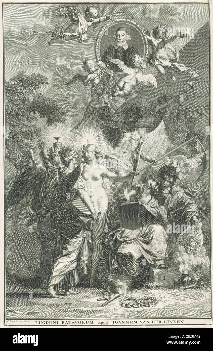 Page de titre allégorique avec le portrait de l'auteur Edward Samson, page de titre pour: Edward Simson, Chronicon historiam catholicam complectens, 1729, Minerva est assis à côté de l'histoire, regardant par-dessus son épaule le livre dans lequel elle écrit. L'histoire examine trois figures féminines allégoriques (vérité, poésie et troisième figure). Derrière eux le Père temps, la renommée, et une figure à deux têtes frappant une inscription dans une pyramide avec un burin. Dans le ciel, quatre putti volent, avec des symboles d'éternité, portant le portrait de l'écrivain Edward Samson., imprimeur: Jan Wandelaar, (mentionné sur l'objet), après lui Banque D'Images