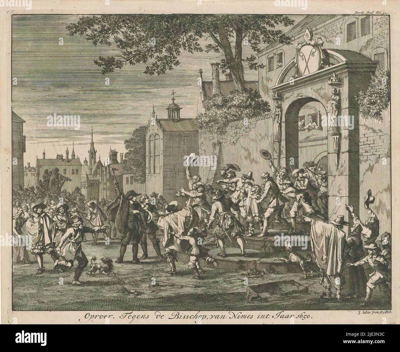 Émeute contre l'Evêque de Nîmes, 1650, Riot, contre l'Evêque de Nîmes, année 1650 (titre sur objet), Riot contre l'Evêque de Nîmes, 1650. Les protestants ont pillé la maison de l'évêque Hector d'Ouvrier., imprimeur: Jan Luyken, (mentionné sur l'objet), après son propre dessin par: Jan Luyken, (mentionné sur l'objet), Amsterdam, 1696, papier, gravure, hauteur 293 mm × largeur 362 mm Banque D'Images