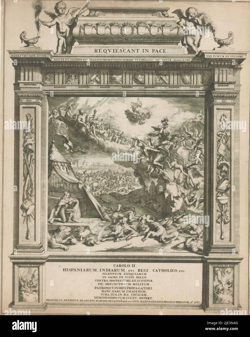 Ascension des soldats espagnols qui meurent dans la lutte contre les Turcs, 1687, ascension des soldats espagnols qui meurent dans la lutte contre les Turcs, 1687. À gauche, le roi espagnol Charles II s'agenouille dans sa tente de l'armée en observant que les anges ramassent les corps des soldats de l'enfer et les apportent au ciel. Représentation centrée dans un cadre monumental avec des trophées d'armes, putti pleurant et scènes allégoriques. Texte ci-dessous montrant que l'imprimé a été commandé par le Marquis de Gastañaga, gouverneur des pays-Bas espagnols., imprimeur: Romeyn de Hooghe, (attribué à), Karel II (koning van Spanje), (mentionné ci-dessous Banque D'Images