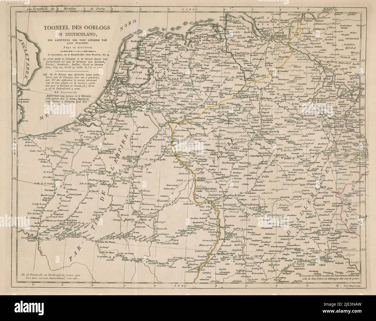 Carte de l'Allemagne, des pays-Bas et du Nord de la France, Tooneel des war in Duitschland (titre sur objet), carte de l'Allemagne, des pays-Bas et du Nord de la France, avec la distance entre les villes en heures., Imprimeur: Willem Cornelis van Baarsel, (mentionné sur objet), éditeur: Evert Maaskamp, (mentionné sur objet), Amsterdam, 1806 - 1813, papier, gravure, hauteur 340 mm × largeur 426 mm Banque D'Images