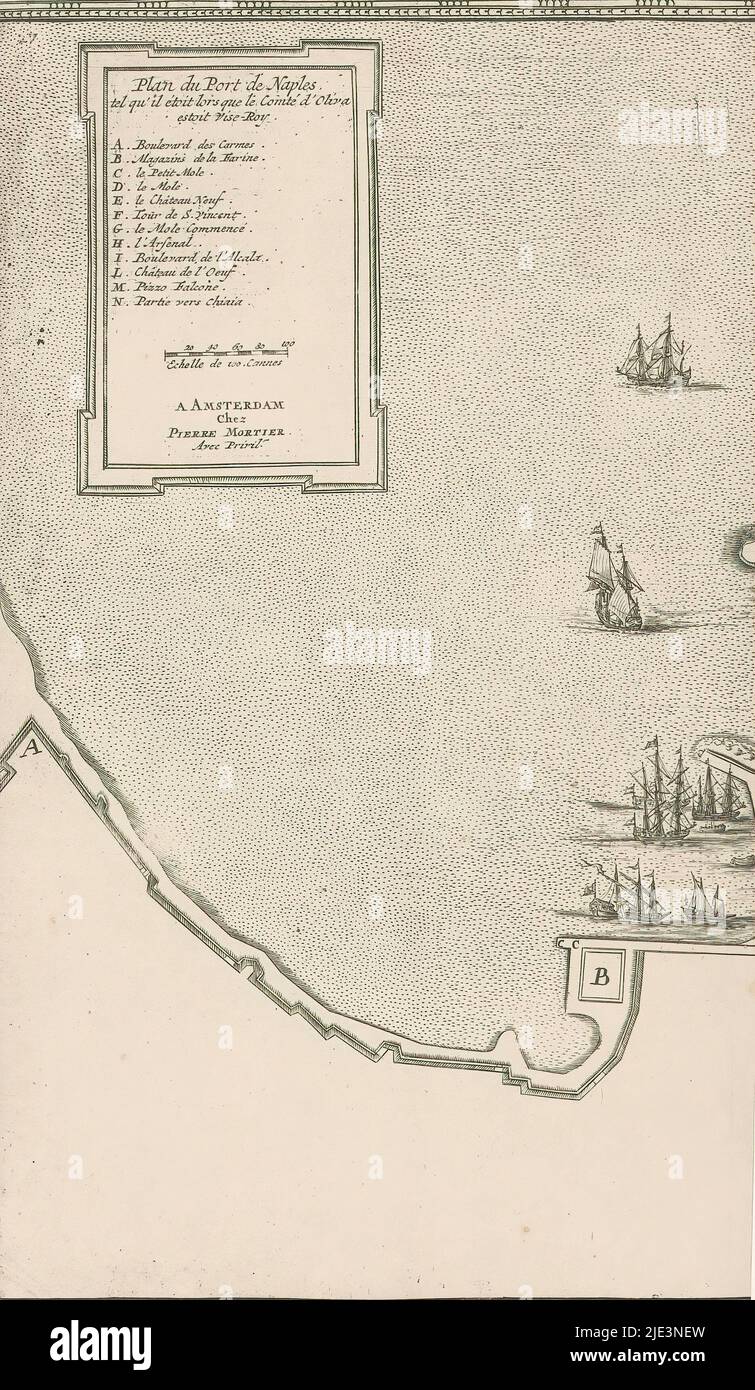 Carte du Port de Naples (partie gauche), carte du Port de Naples, coupée en deux parties., imprimerie: Anonyme, éditeur: Pieter Mortier (I), (mentionné sur objet), éditeur: Rutgert Christoffel Alberts, (éventuellement), éditeur: Amsterdam, éditeur: La Haye, 1633 et/ou 1704 - 1724, papier, gravure, hauteur 281 mm × largeur 338 mm Banque D'Images