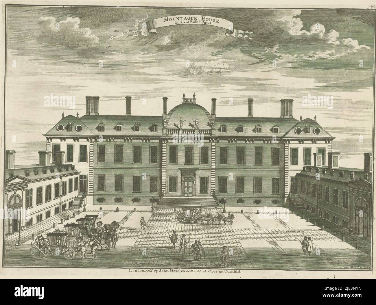 Vue de Montagu House, à Londres, Mountague House à Great Russel Street (titre sur objet), imprimeur: Sutton Nicholls, (mentionné sur objet), après conception par: Sutton Nicholls, (mentionné sur objet), John Bowles, (mentionné sur objet), Londres, 1733 - 1766, papier, gravure, hauteur 335 mm × largeur 459 mm Banque D'Images