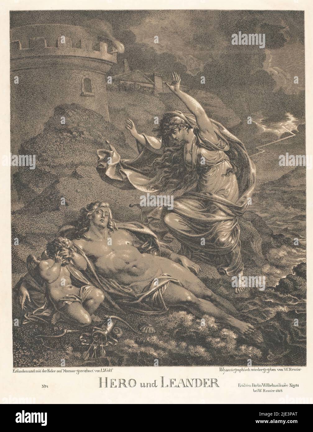 Héros et Leander, héros et Leander (titre sur l'objet), Hero trouve le corps délavé de la Leander noyée sur le rivage. Sur la gauche, un Cupidon en deuil Banque D'Images