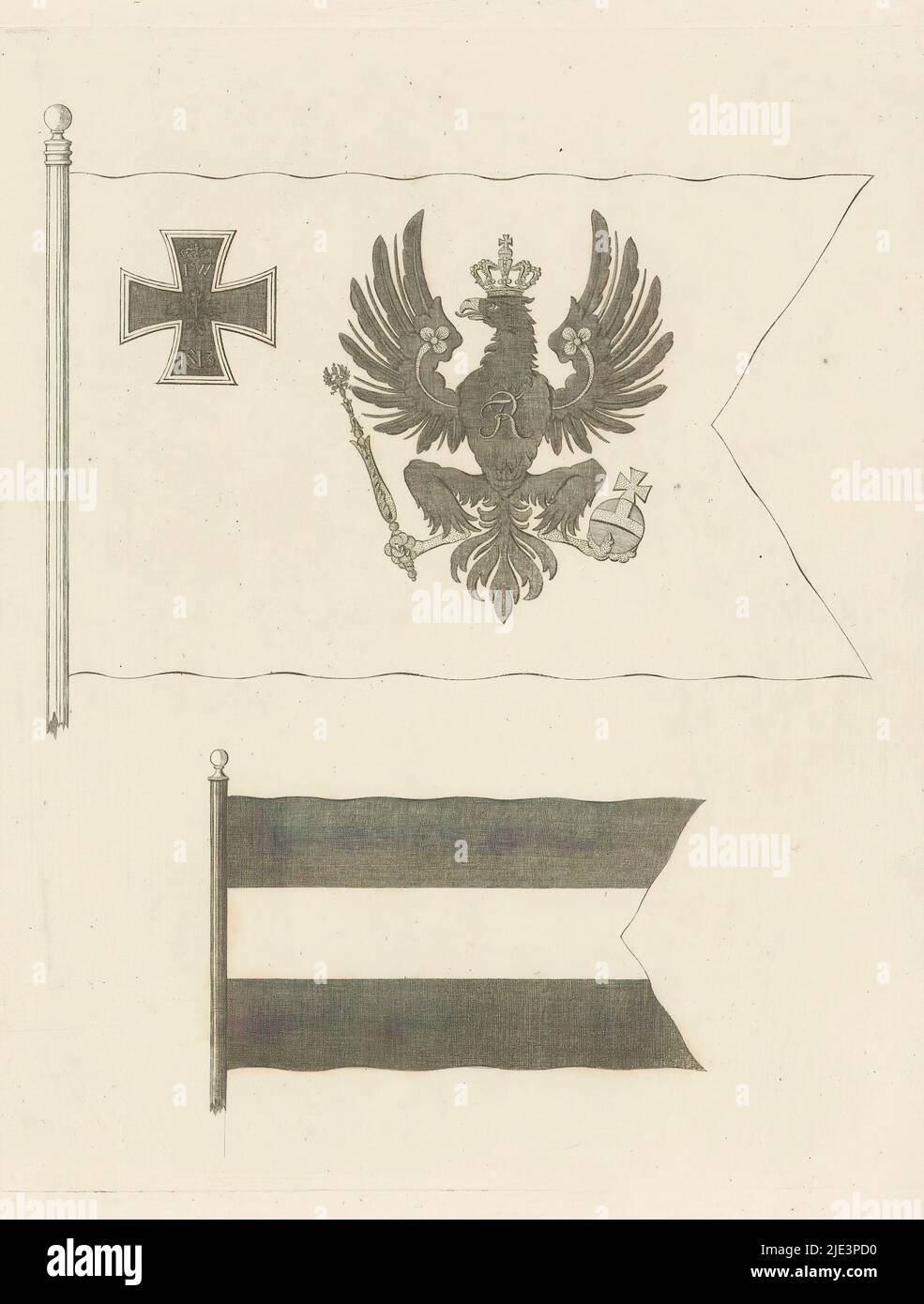 Deux drapeaux, deux drapeaux. Au-dessus du drapeau avec l'aigle du royaume de Prusse et une croix marquée FW 1813. Au-dessous d'un drapeau avec trois bandes horizontales de différentes couleurs., imprimeuse: Anonyme, 1813 - 1850, papier, gravure, hauteur 317 mm × largeur 200 mm Banque D'Images