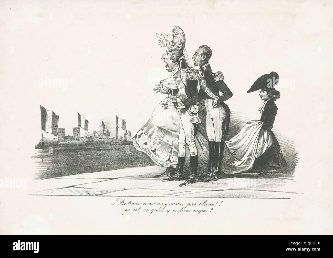 Charles X et la révolution de juillet 1830, dessin animé du roi Charles X pendant la révolution de juillet, 27-29 juillet 1830. Charles X regarde avec son fils Louis Anton de Bourbon et sa femme Marie Thérèse Charlotte, un défilé dans lequel le tricolore français est agité. Avec deux lignes de sous-titres français., imprimeur: Anonyme, France, 1830, papier, hauteur 277 mm × largeur 363 mm Banque D'Images