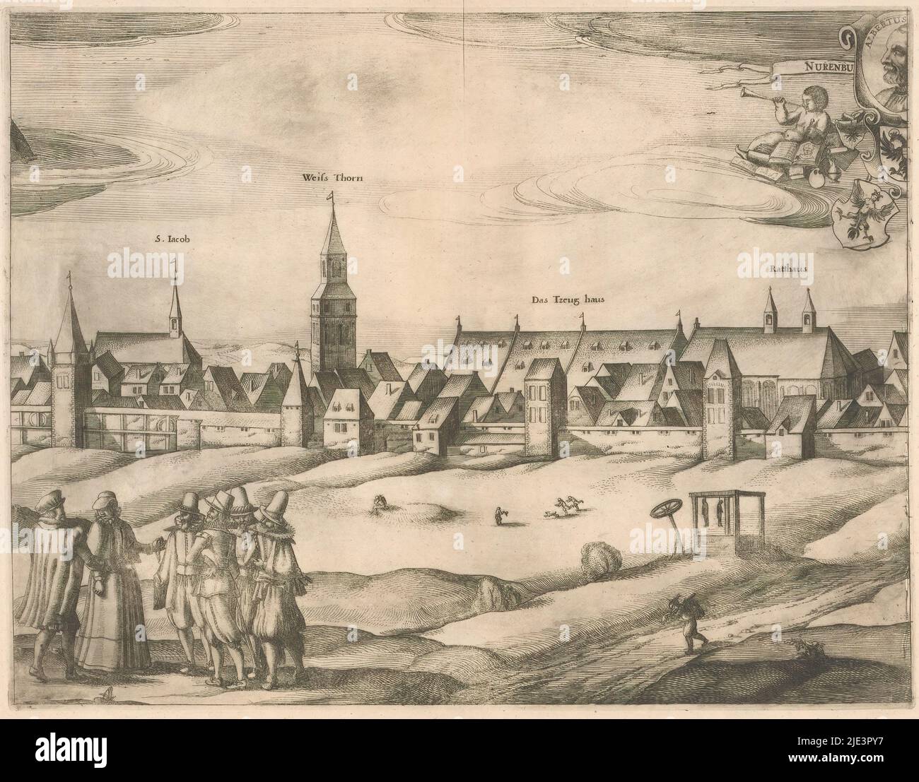 Vue de Nuremberg (fiche 2), Nurenburgensus (titre sur objet), vue de la ville allemande de Nuremberg. À l'extérieur des murs de la ville, un groupe de messieurs et une femme se tiennent au premier plan. Sur la droite, deux figures sont suspendues aux poutres. En haut, un (de moitié) portrait d'Albrecht Dürer., imprimerie: Dirk Eversen Lons, éditeur: Nicolaes Visscher (I), Nicolaes Visscher (I), Amsterdam, 1666, papier, gravure, hauteur 405 mm × largeur 520 mm Banque D'Images