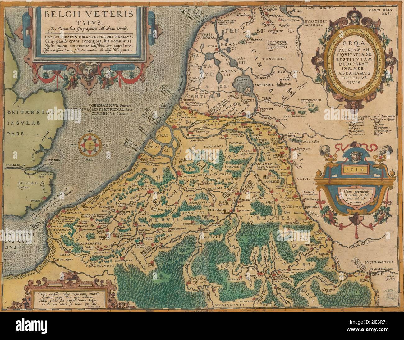 Carte historique des pays-Bas, Belgii Veteris typus ex conatibus geographis Abraham Ortelii (...) (Titre sur objet), carte historique des pays-Bas à l'époque romaine. Cartouche de titre en haut à gauche. Bas gauche cartouche avec un poème de louange de Hugo Favolius à Abraham Ortelius. En haut à droite de la cartouche dans laquelle Ortelius dédie la carte au conseil municipal et aux citoyens d'Anvers. En dessous de cela une cartouche avec l'année et les fournisseurs de privilèges. Gradation le long des arêtes. Sur le texte latin verso dans la typographie., imprimeur: Anonyme, Abraham Ortelius, (mentionné sur l'objet), Hugo Favolius, (mentionné à la Banque D'Images