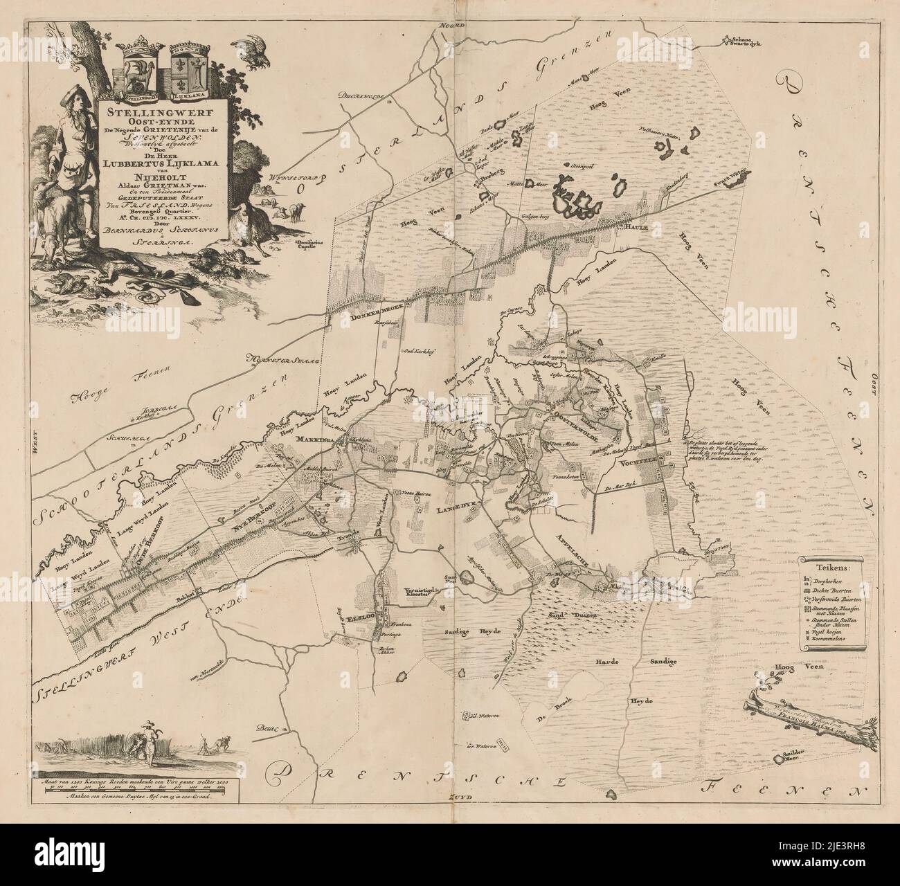 Carte du district d'Oostellingwerf, Stellingwerf Oost-eynde le neuvième district du Sevenwolden (...) (Titre sur objet), cartouche en haut à gauche avec titre et informations administratives sur le district. La cartouche est entourée d'un chasseur, de chiens de chasse, de bovins et des armoiries d'Oostellingwerf et du propriétaire local Lubbertus Lycklama à Nijeholt. En bas à gauche une carte à l'échelle: Maat van 1200 konings roeden maakende een uire gaans welker 2000 maaken een gemeene Duytze myl van 15 in een graad. Au-dessus de cela les agriculteurs. Légende en bas à droite., imprimeur: Caspar Luyken, (attribué à Banque D'Images