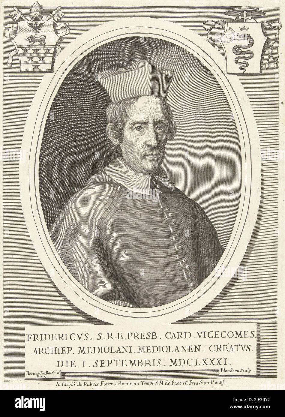 Portrait du cardinal Federico Visconti Fridericvs SRE presb die 1 septembris MDCLXXXI, imprimeur: Jacques Blondeau, (mentionné sur l'objet), après: Bernardino Baldi, (mentionné sur l'objet), éditeur: Giovanni Giacomo de'Rossi, (mentionné sur l'objet), imprimeur: Inconnu, éditeur: Rome, 1681 - 1698, papier, gravure, h 207 mm × l 151 mm Banque D'Images