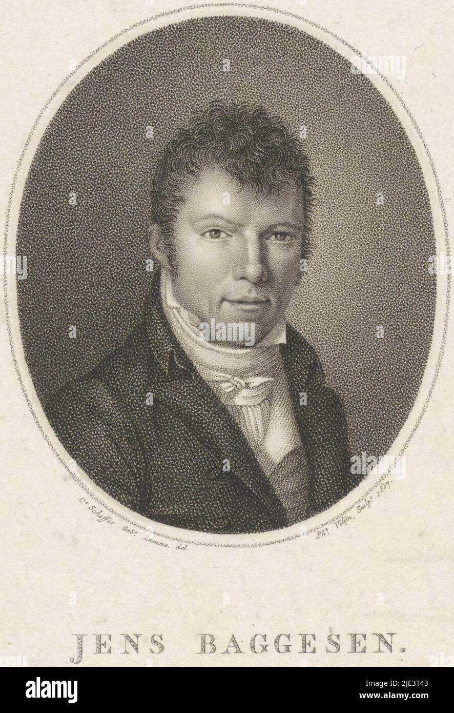 Portrait du poète danois Jens Emmanuel Baggesen, Portrait de Jens Emmanuel Baggesen, Imprimeur: Philippus Velijn, (mentionné sur l'objet), dessinateur intermédiaire: Cornelia Scheffer-Lamme, (mentionné sur l'objet), Paris, 1807, papier, gravure, gravure, h 243 mm - l 152 mm Banque D'Images