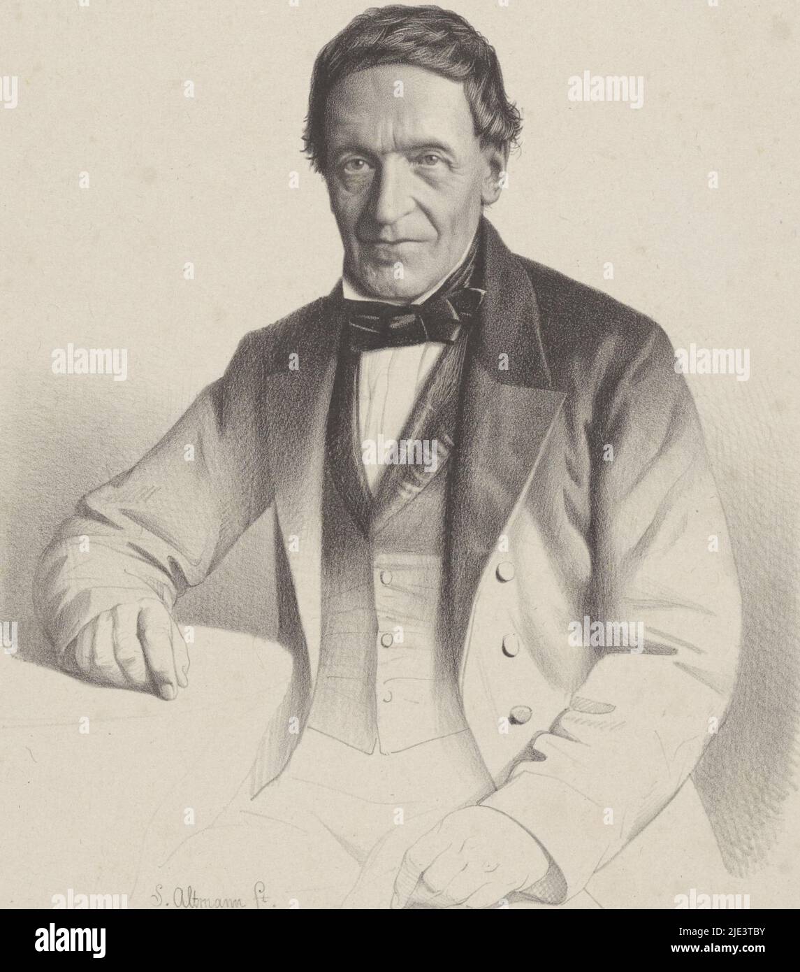 La personne représentée est assise à côté d'une table, Portrait de JG Roosenburg, imprimeur: Sybrand Altmann, (mentionné sur l'objet), anonyme, (mentionné sur l'objet), imprimeur: Desguerrois & Co., (mentionné sur l'objet), imprimeur: Pays-Bas, imprimeur: Amsterdam, éditeur: Amsterdam, 1832 - 1890, papier, h 485 mm × l 354 mm Banque D'Images