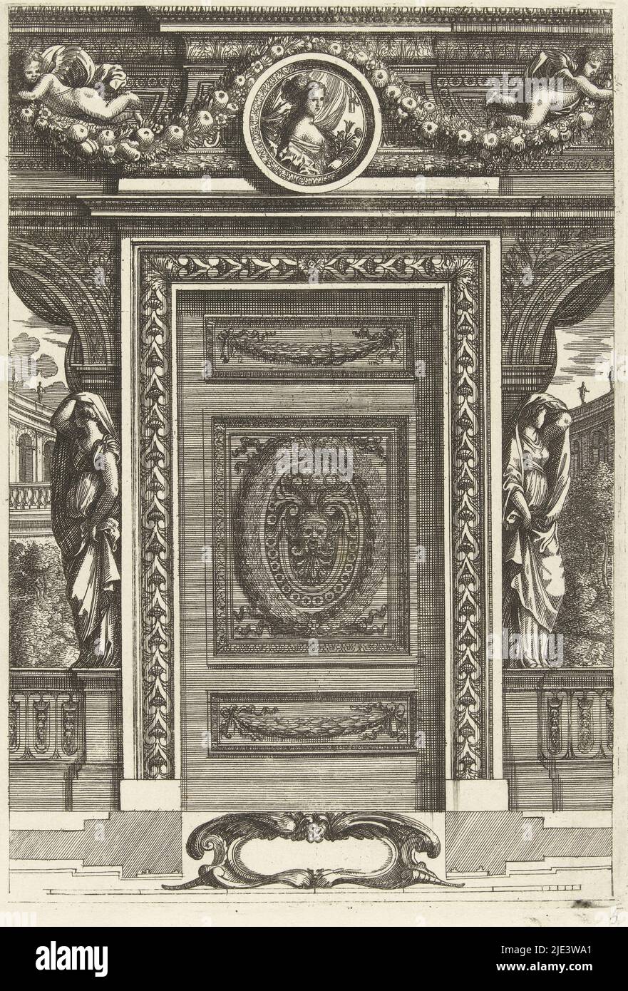 De chaque côté de la porte, une femme se tient sur une balustrade devant un panneau en trompe-l'œil avec support et plan en bas de la série de 6 feuilles avec panneaux ornementaux et portes pour les pièces et les alcôves, porte avec panneau avec mascaron Scartaffii overo ornamenti, imprimeur: Franz Ertinger, Jean Lepautre, éditeur: Cornelis Galle (II), Anvers, après 1657 - avant 1678, papier, gravure, h 207 mm × l 144 mm Banque D'Images