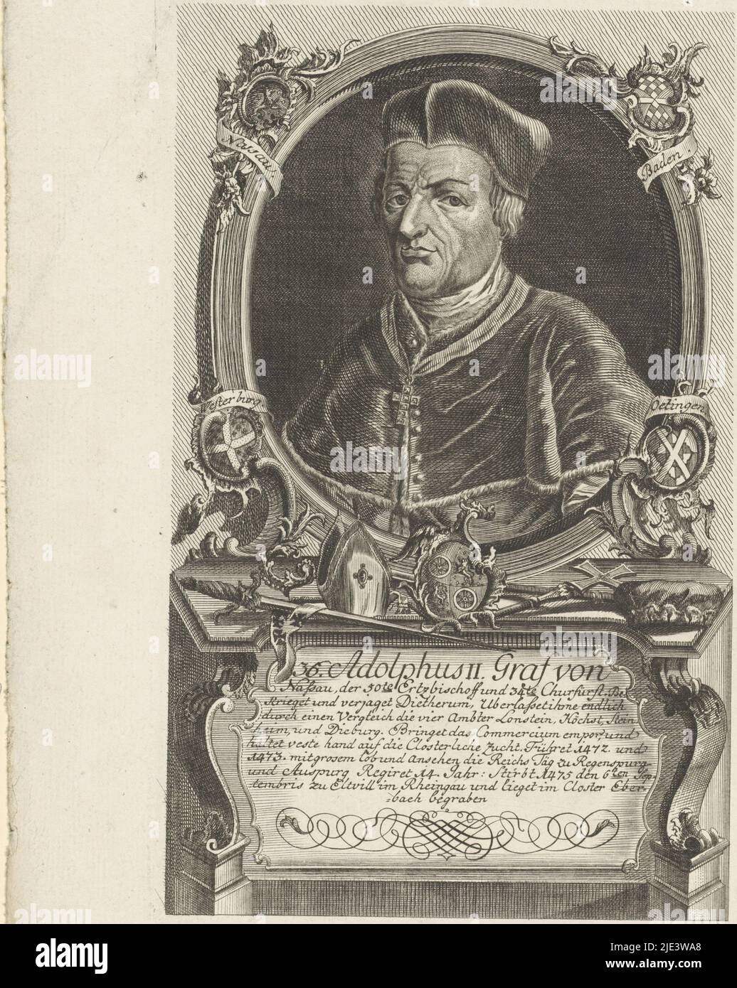 Portrait d'Adolf II dans un ovale autour d'elle un certain nombre d'objets allégoriques entourant un certain nombre d'armes sur un piédestal dix lignes de texte allemand, Portrait d'Adolf II de Nassau, imprimeur: Anonyme, Allemagne, (éventuellement), 1600 - 1699, papier, gravure, gravure, h 293 mm × l 182 mm Banque D'Images