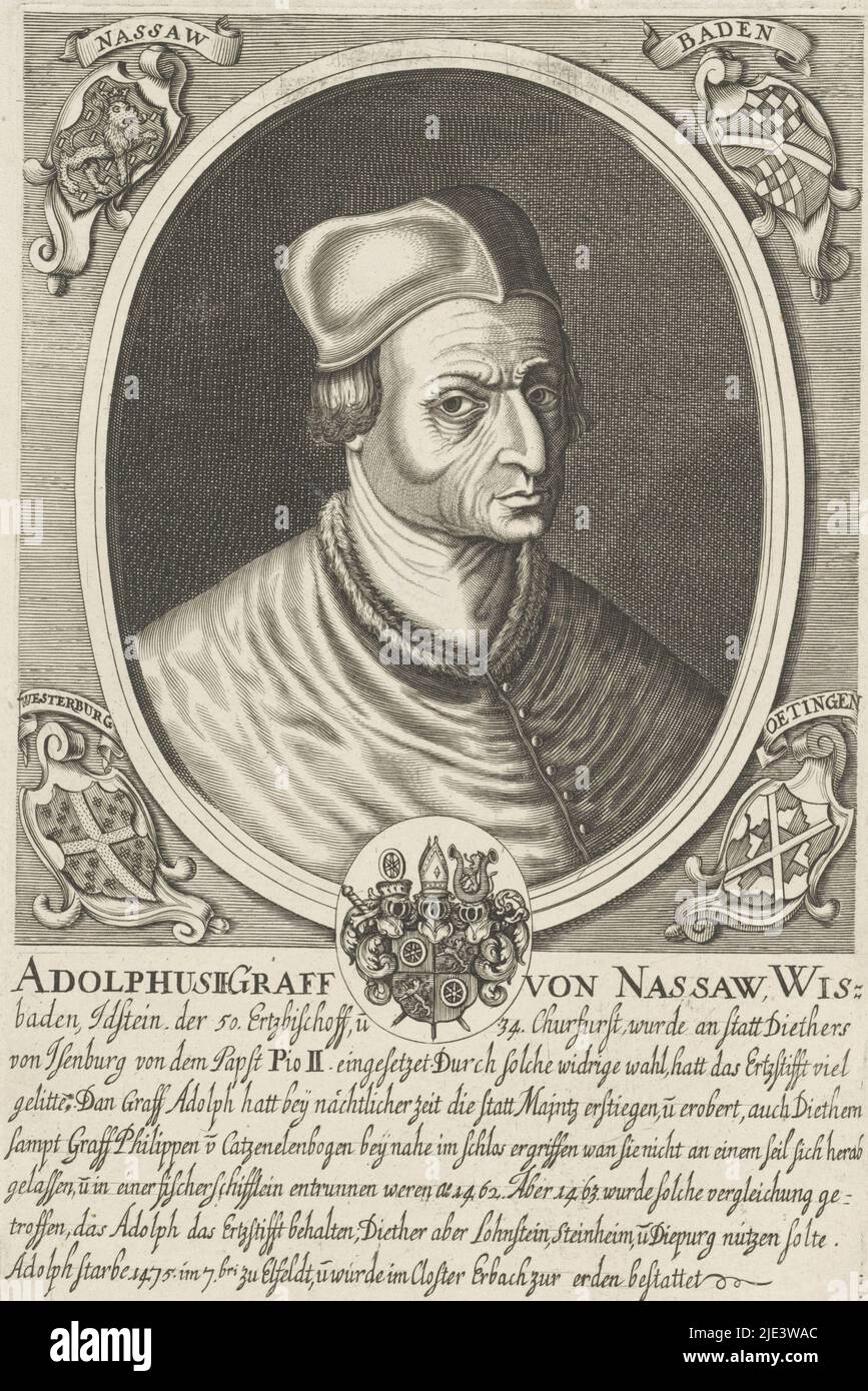 Portrait d'Adolf II dans un ovale autour d'elle un certain nombre d'armes dans la marge inférieure huit lignes de texte allemand, Portrait d'Adolf II de Nassau, imprimeur: Anonyme, Allemagne, (éventuellement), 1600 - 1699, papier, gravure, gravure, h 257 mm × l 167 mm Banque D'Images