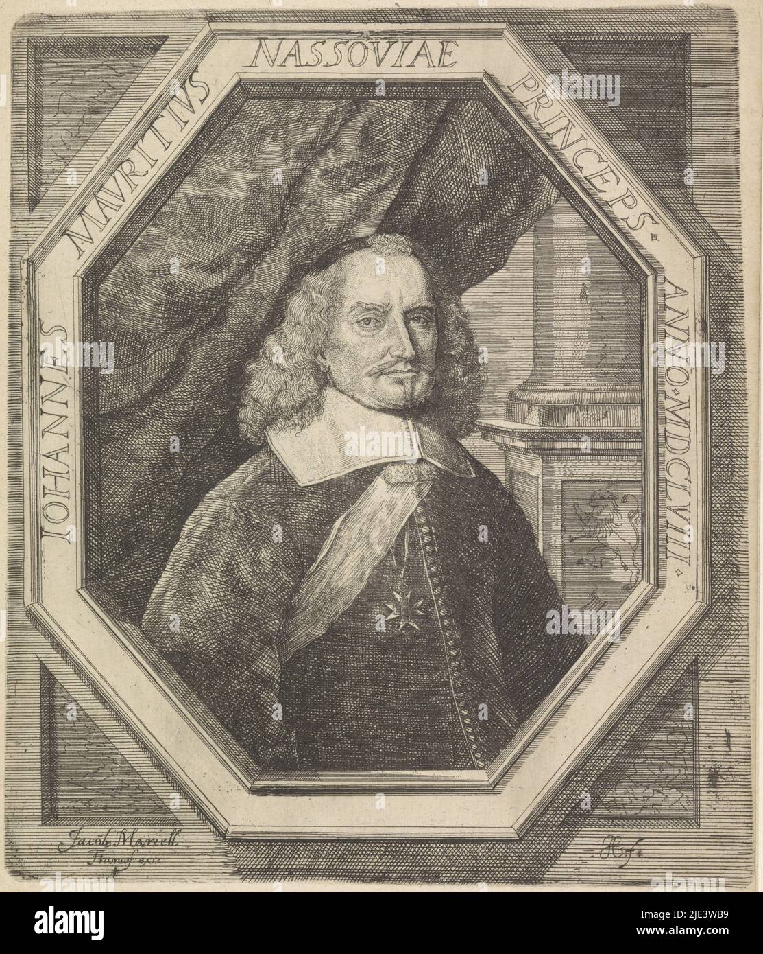 Portrait de Johan Maurice dans un cadre octogonal avec lettrage de bordure, Portrait de Johan Maurice, comte de Nassau-Siegen, imprimerie: Johann Andreas Graff, (mentionné sur objet), éditeur: Jacob Marrel, (mentionné sur objet), Allemagne, 1627 - 1681, papier, gravure, gravure, h 220 mm × l 189 mm Banque D'Images