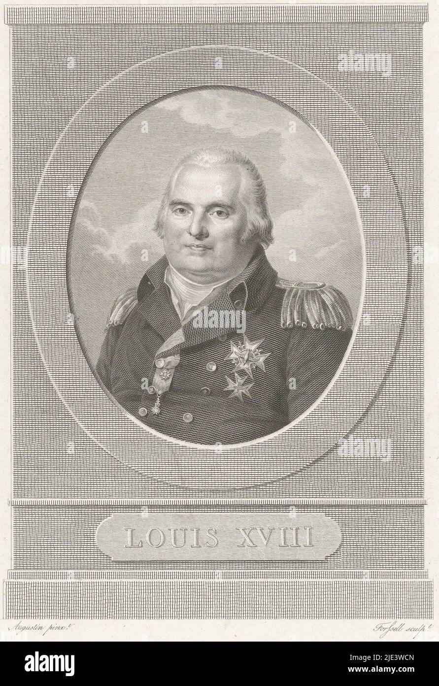 Buste de portrait dans un cadre ovale de Louis XVIII, roi de France le roi est à tête de barete et vêtu d'un uniforme avec des insignes d'honneur et des décorations en dessous de l'ovale est le nom de la personne représentée sur une plaque, Portrait du roi Louis XVIII Louis XVIII, imprimerie: Christian Forssell, (mentionné sur l'objet), après : Augustin, (mentionné sur l'objet), 1787 - 1852, papier, gravure, h 405 mm × l 233 mm Banque D'Images