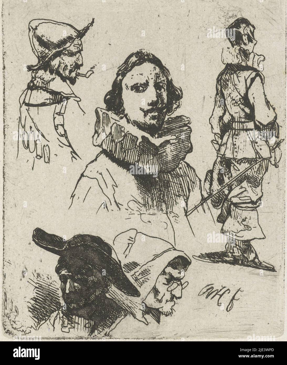 Feuille d'étude avec des soldats et une vieille femme, Willem Pieter Hoevenaar, 1818 - 1863, feuille d'étude avec un buste d'un homme avec un large collier plissé au centre. À droite, un soldat en pleine longueur vu de l'arrière et de la gauche, un buste d'un soldat en profil à droite avec un casque sur sa tête et une pipe dans sa bouche. Ci-dessous, une tête d'une vieille femme avec des lunettes en profil à droite et un homme portant un béret à gauche., imprimeur: Willem Pieter Hoevenaar, (mentionné sur l'objet), Utrecht, 1818 - 1863, papier, gravure, h 86 mm × l 70 mm Banque D'Images