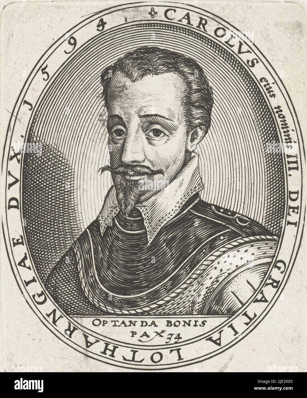 Portrait de Charles III, duc de Lorraine, Lambert Cornelisz., 1594, Portrait de Charles III, duc de Lorraine, en ovale avec inscription sur les bords. Sous le portrait sa devise: Op tanda bonis pax., imprimerie: Lambert Cornelisz., Amsterdam, 1594, papier, gravure, h 95 mm × l 75 mm Banque D'Images