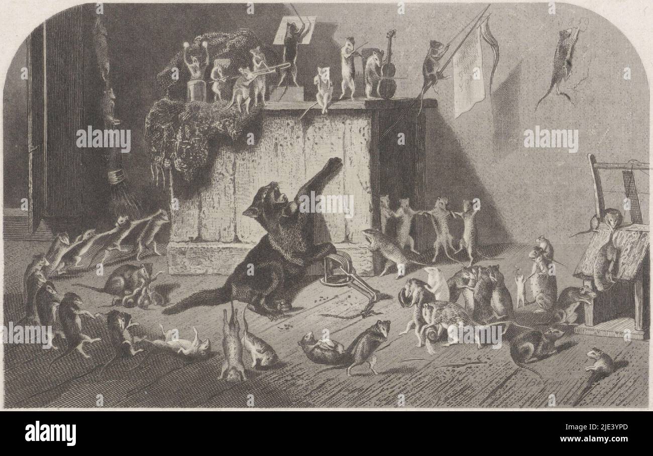 Mouse Party, Dirk Jurriaan Sluyter, après Bernard te Gempt, en 1861 ou avant, Un chat est coincé dans une pince. Tout autour, les souris célèbrent: Ils dansent, font de la musique et font un drapeau., imprimeur: Dirk Jurriaan Sluyter, Bernard te Gempt, Amsterdam, avant 1861, papier, gravure, h 120 mm × l 189 mm Banque D'Images