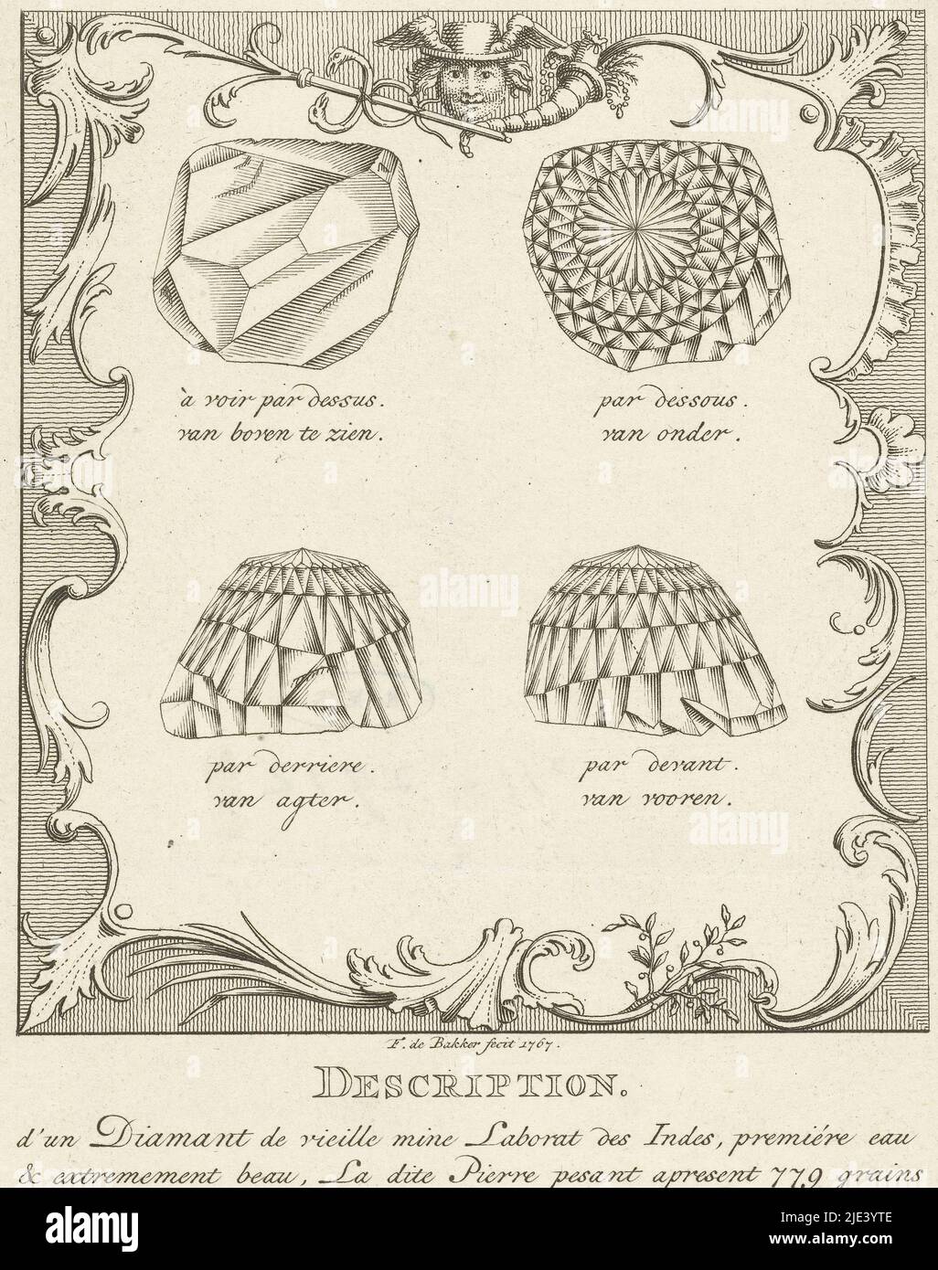 Quatre vues sur le diamant Orlov (Orloff), Frans de Bakker, 1767, quatre vues sur le diamant Orlov (Orloff). Avec une légende descriptive en français et néerlandais sur le diamant et son propriétaire iranien Gregorio Saffraz d'Amsterdam. Le diamant de 189 carats a été mis aux enchères à Amsterdam en 1767 et vendu au comte Grigory Orlov (1734-1783). Il a donné le diamant comme cadeau à sa maîtresse, l'impératrice Catherine la Grande (1729-1796) et elle a eu le diamant dans le sceptre impérial en 1774., imprimeur: Frans de Bakker, (mentionné sur l'objet), Amsterdam, 1767, papier, gravure, gravure, h 210 mm × l 123 mm Banque D'Images