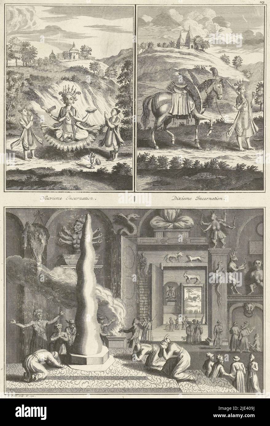 Représentations des incarnations du dieu indien Vishnu et du culte d'Ixora, Bernard Picart (atelier de), 1722, feuille avec deux représentations des incarnations de l'hindouisme et du culte d'Ixora. Ci-dessus: Le dieu indien Vishnu vient à la terre dix fois, sous dix formes différentes, pour sauver le monde. Voici les neuvième et dixième incarnations respectivement : Bouddha et Kalki. Ci-dessous : intérieur d'un temple où l'image du dieu Ixora est adorée sous la forme d'un pilier. Sous les représentations une légende en français. Numéroté en haut à droite: 103., imprimerie: Bernard Picart, ( Banque D'Images